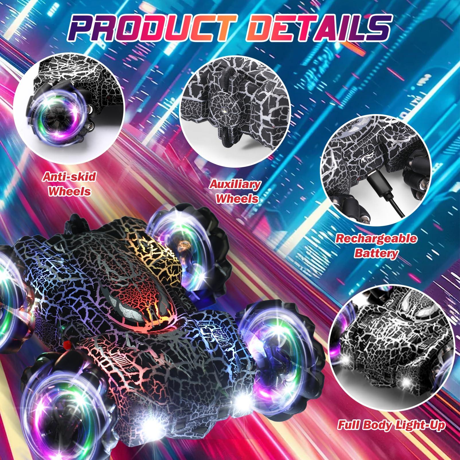 Hand Controlled Remote Control Car, 2.4Ghz Gesture Sensing RC Stunt Car with Wholebody Light & Headlight, Rechargeable 360° Rotating Double Sided RC Cars Black Spider Toys for Boys 4-6 5-7 8-12 - Image 2