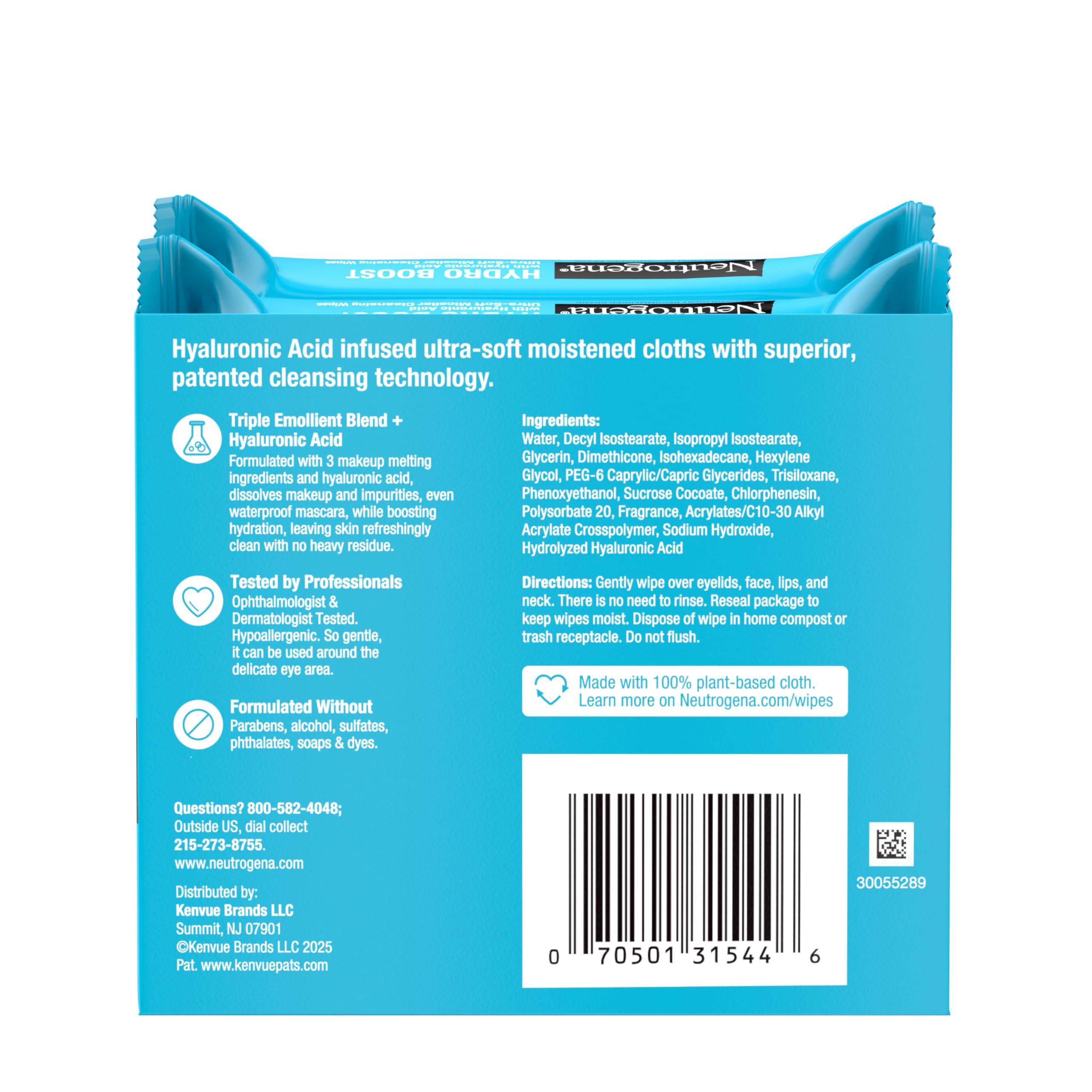 Neutrogena Hydro Boost Ultra-Soft Micellar Cleansing Wipes with Hyaluronic Acid, Hydrating Makeup Remover Wipes Remove Dirt & Waterproof Makeup, Hypoallergenic, Plant-Based Cloth, 2 x 25 ct - Image 9