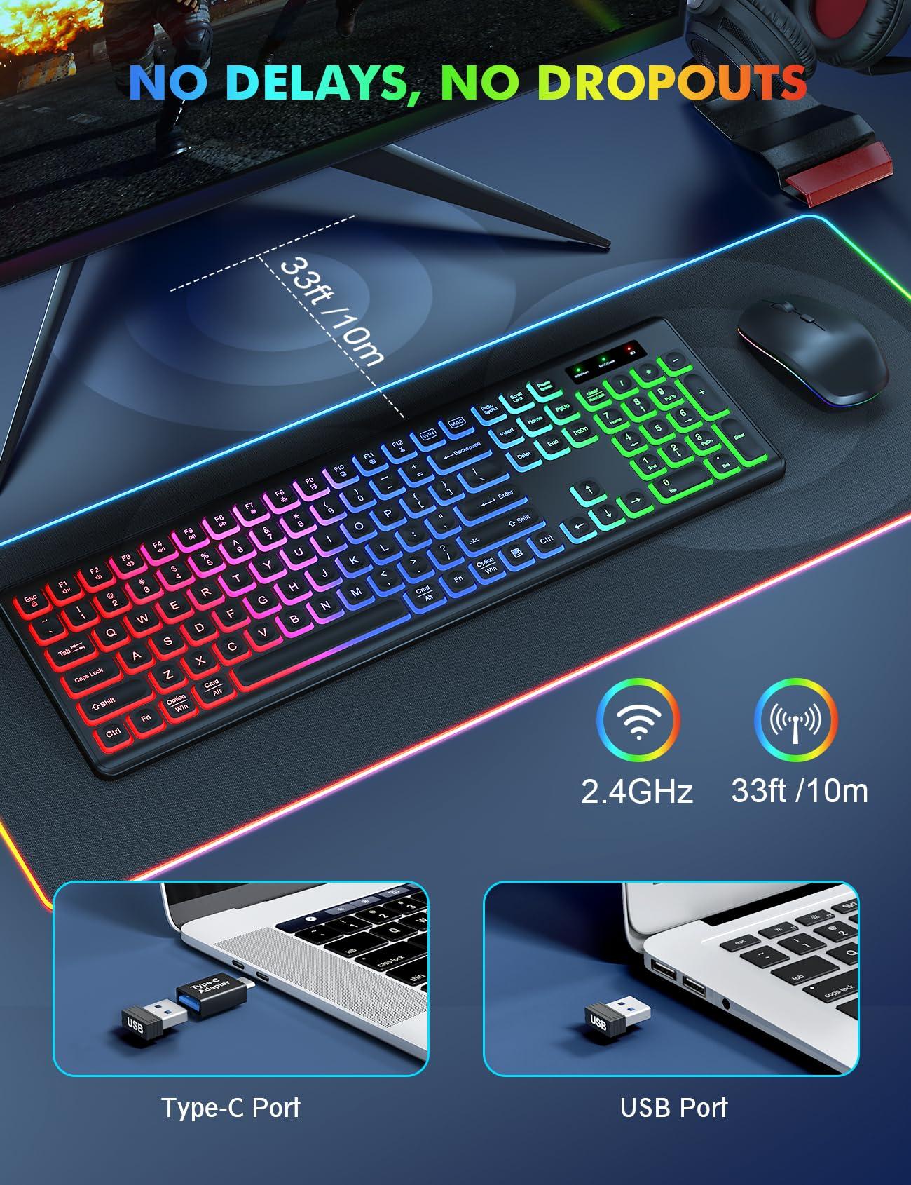 Wireless Keyboard and Mouse Combo - RGB Backlit, Rechargeable & Light Up Letters, Full-Size, Ergonomic Tilt Angle, Sleep Mode, 2.4GHz Quiet Keyboard Mouse for Mac, Windows, Laptop, PC - Image 4