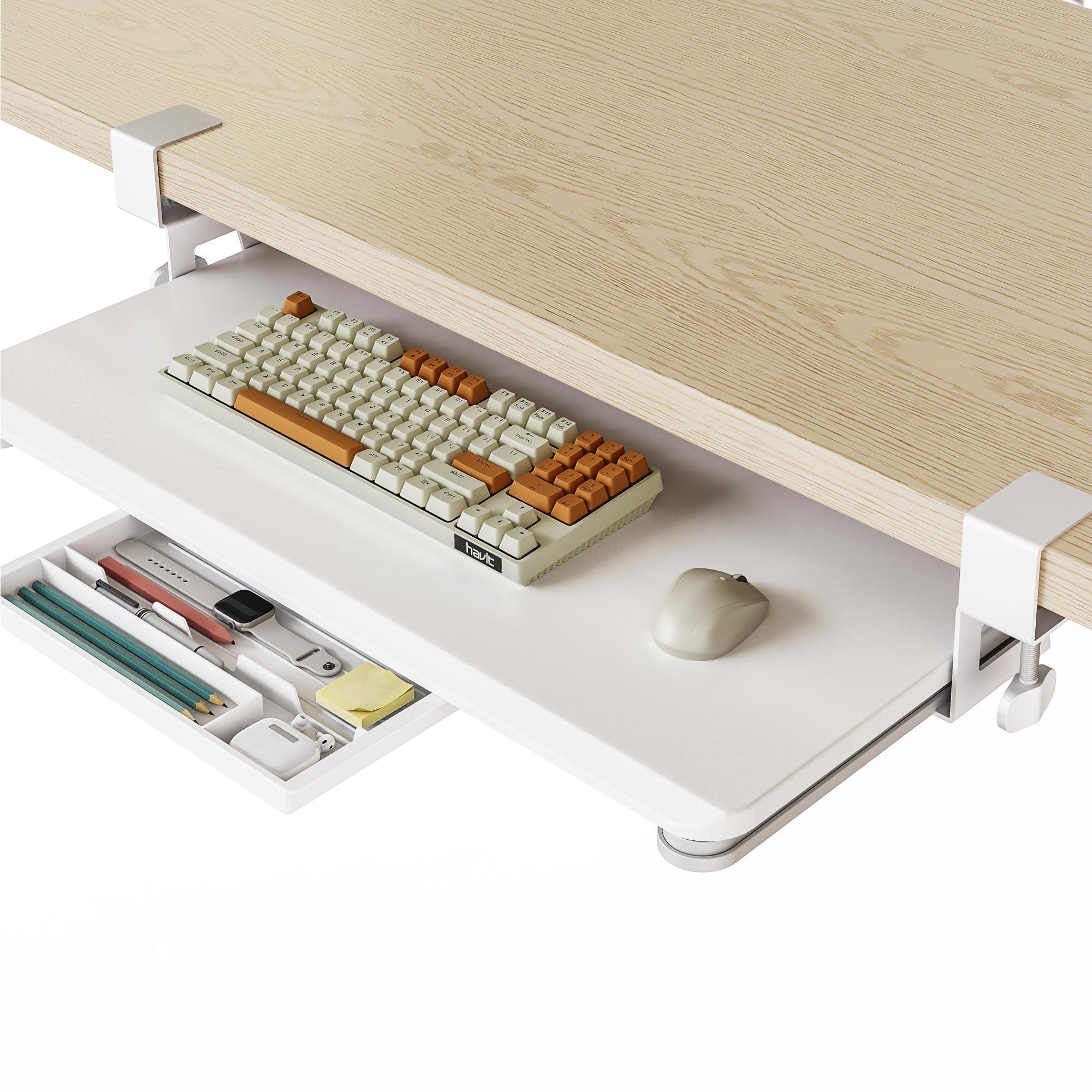 Fenge Keyboard Tray Under Desk, Pull Out Keyboard & Mouse Tray with C Clamp Mount, Sliding Keyboard Holder for Desk, 25.6 x 11.8 inch Large Slide-Out Platform Computer Drawer for Typing, White