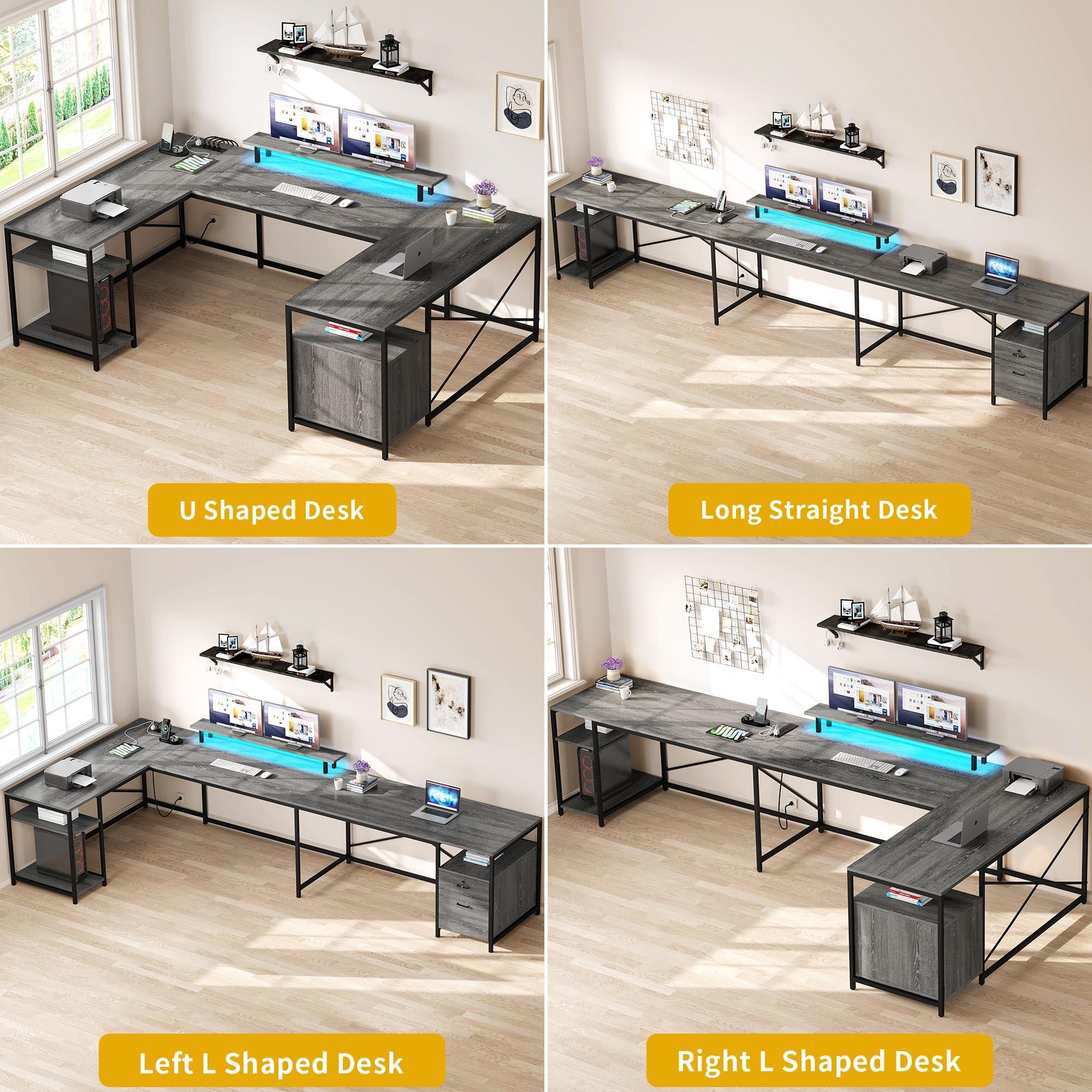 DWVO U Shaped Desk with Drawers, 79" Reversible L Shaped Desk with Power Outlets & LED Lights, Corner Computer Desk with Monitor Stand & Storage Shelves, Grey - Image 3