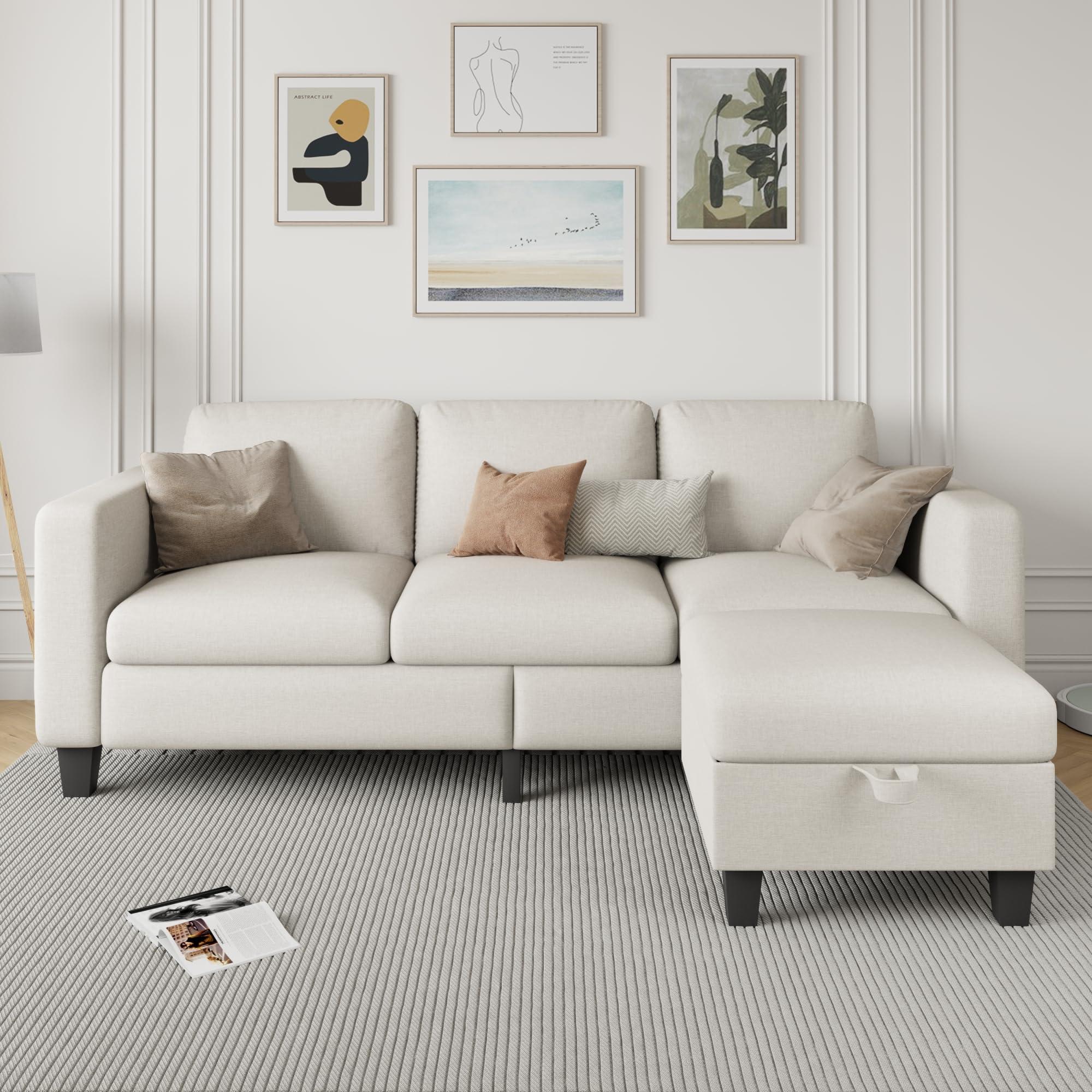 Clotius Sectional Sofa Couches for Living Room - L Shaped Cloud Couch-Small Modular 3 Seat-Comfy Linen with Storage Deep Seat Sofa,Washable Covers-Suitable for Living Room-Apartment-Office-Beige - Image 3