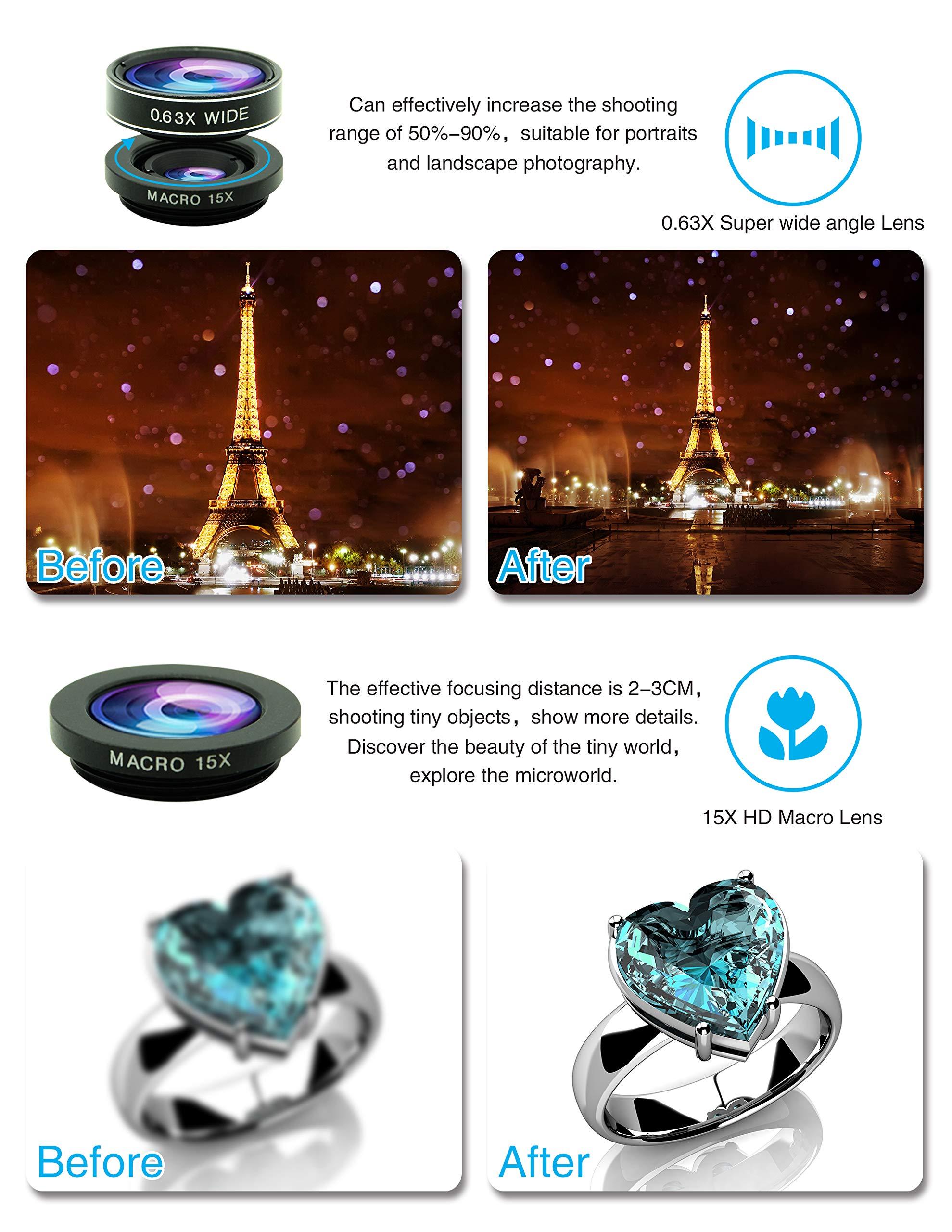 Cell Phone Camera Lens Kit,11 in 1 Universal 20x Telephoto 0.63Wide Angle 15X Macro 198°Fisheye 2X Telephoto Kaleidoscope CPL Starlight Eyemask Tripod,for Most iPhone Smartphone (Black) - Image 4
