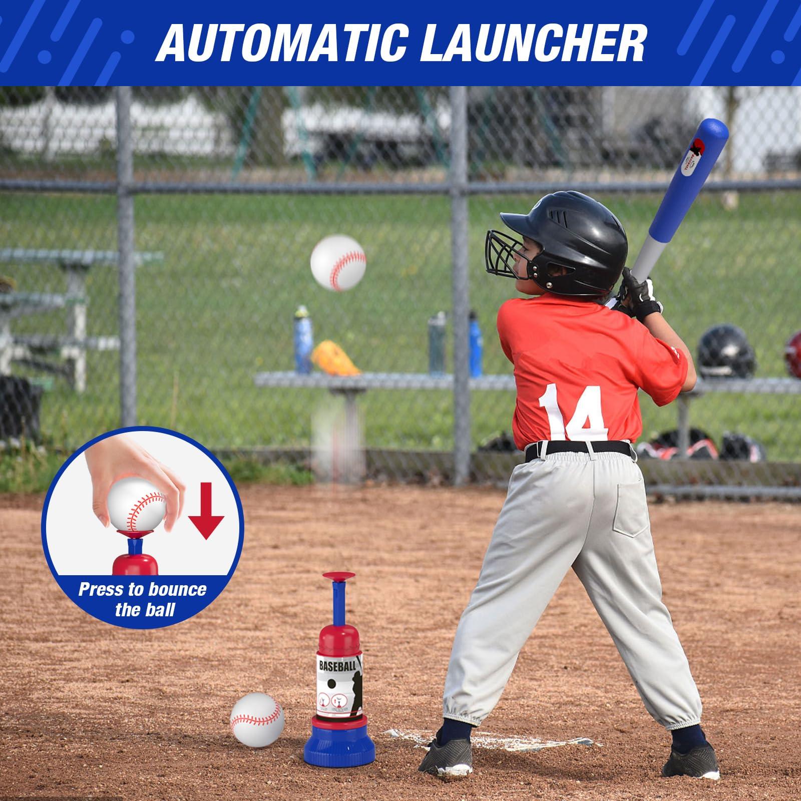 HYES 3-in-1 Baseball Set for Kids 3-5 - Tee Ball Stand, Hanging Tee, Ball Launcher and 6 Softballs - Adjustable Height, Indoor/Outdoor Sport Gifts for Boys, Blue - Image 5