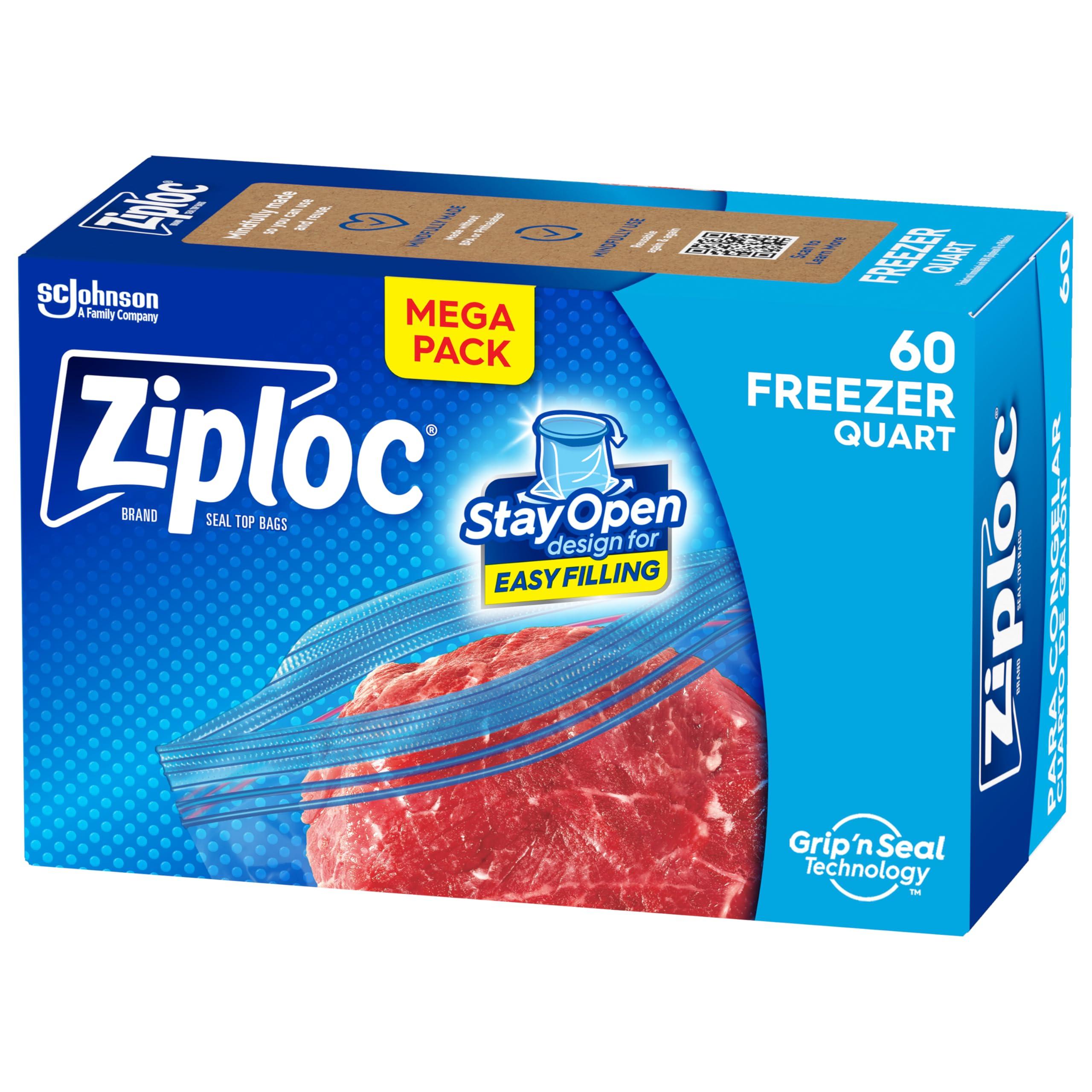 Ziploc Quart Food Storage Freezer Bags, Stay Open Design with Stand-Up Bottom, Easy to Fill, 60 Bags Total
