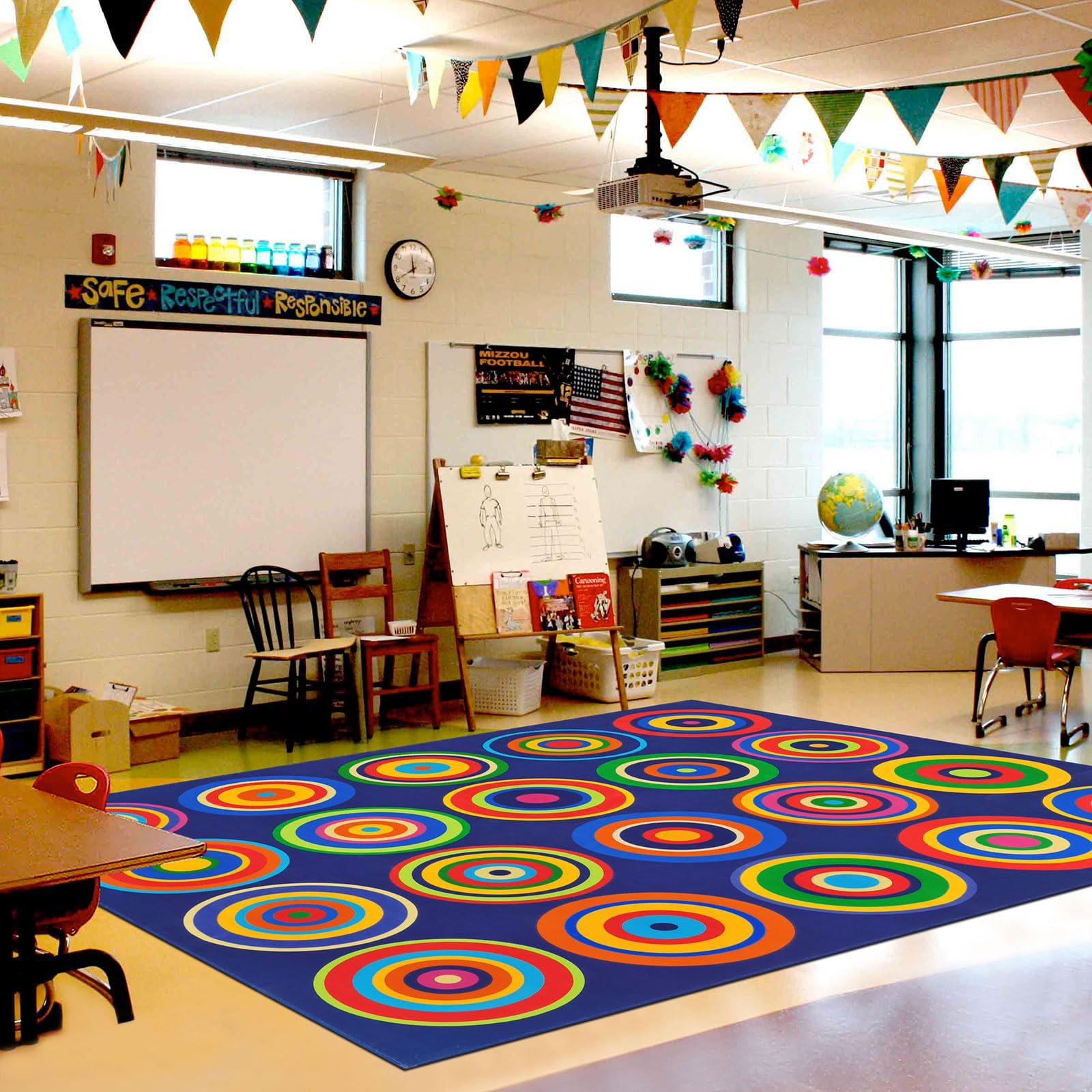 Large Classroom Rug Colorful Sit Spots Kids Rugs for Preschool Non Slip Floor Carpet Fun Playmat for Daycares Playroom Elementary Nursery Decor, Seats 20, 6'X8'4", Blue - Image 2