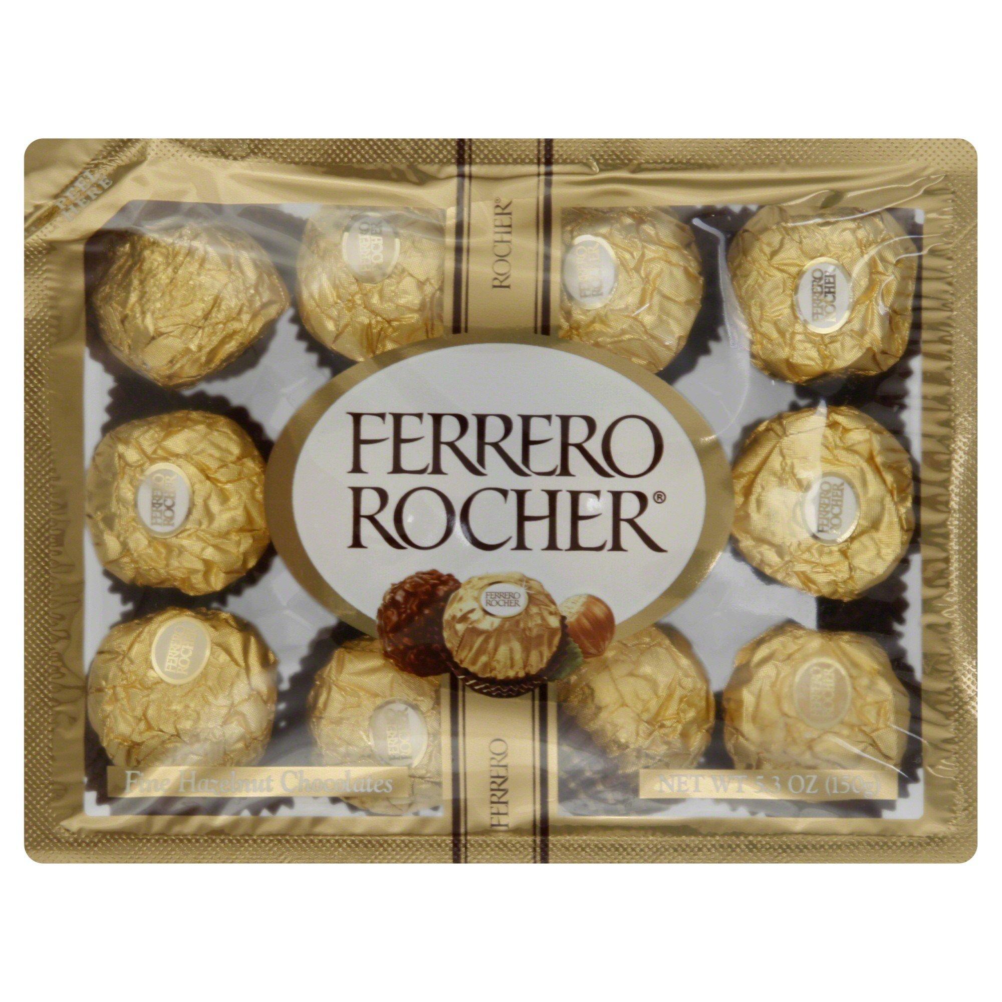 Ferrero Rocher Fine Hazelnut Milk Chocolate, 12 Count, Pack of 6 Individually Wrapped Chocolate Candy Gift Boxes, 5.3 oz