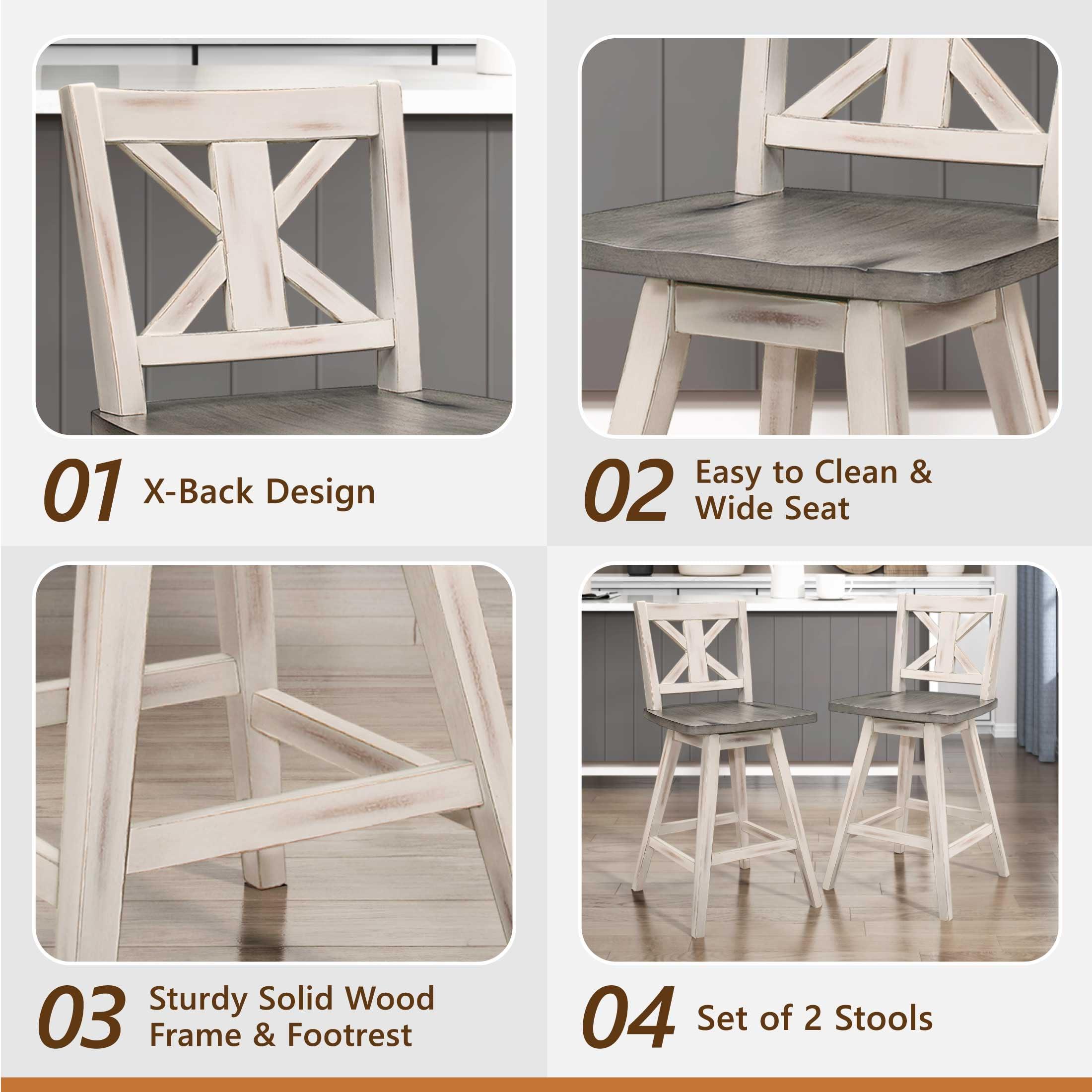 Solid Wood High Back Swivel Counter Height Bar Stools Set of 2, Kitchen Stools Counter Height, Foot Rest, X Back, Tall Wooden Armless Dining Chairs For Kitchen Island, Farmhouse, Rustic, White - Image 7