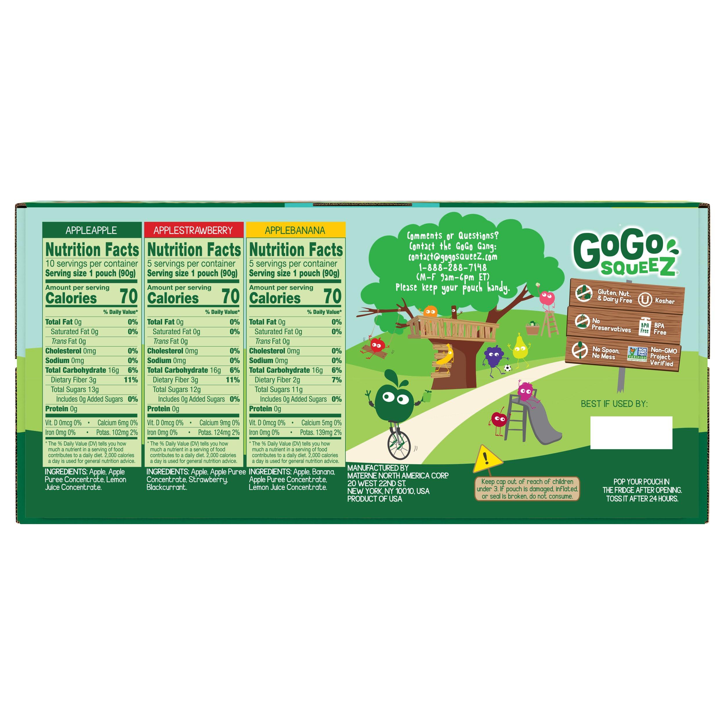 GoGo squeeZ Applesauce and Fruit Puree Variety Pack, Apple, Banana & Strawberry, 3.2 oz (Pack of 20), Unsweetened Fruit Snacks for Kids, Gluten Free, Nut Free and Dairy Free, BPA Free Pouches - Image 2