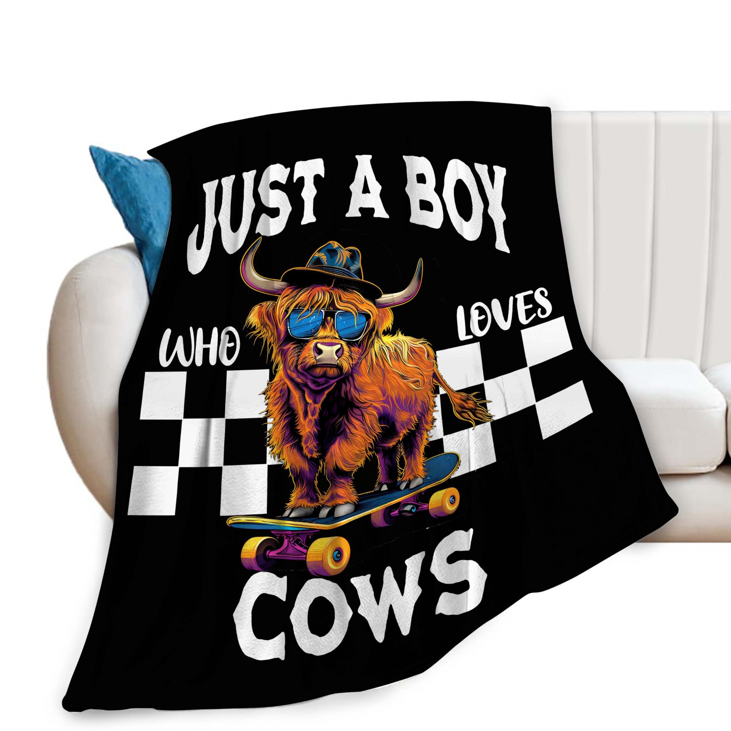 Just A Boy Who Love Cows Blanket Funny Highland Cows Decor Throw Blanket Gifts for Girls Boys Super Warm Soft Plush Fleece Flannel Cattle Blanket Couch Bedding Blanket for Adults Kids Women 50"X40" - Image 1