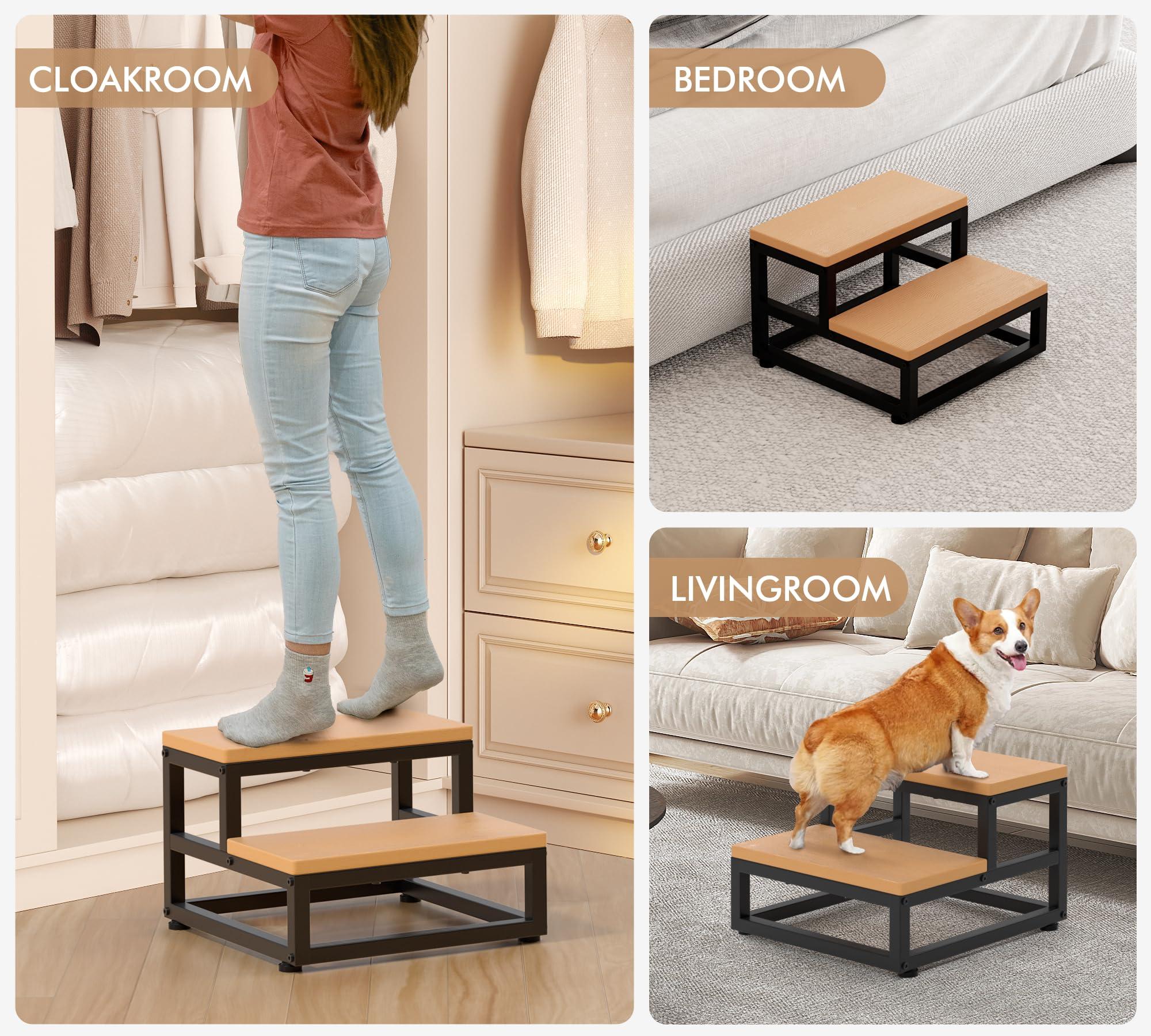 Y&M Two Step Stool for Adults Kids, Waterproof HPDE Bed Step Foot Stool with Adjustable Non-Slip Feet, Metal Frame Stepping for Kitchen Bathroom Bedroom Living Room, Indoor or Outdoor Use, Brown - Image 7