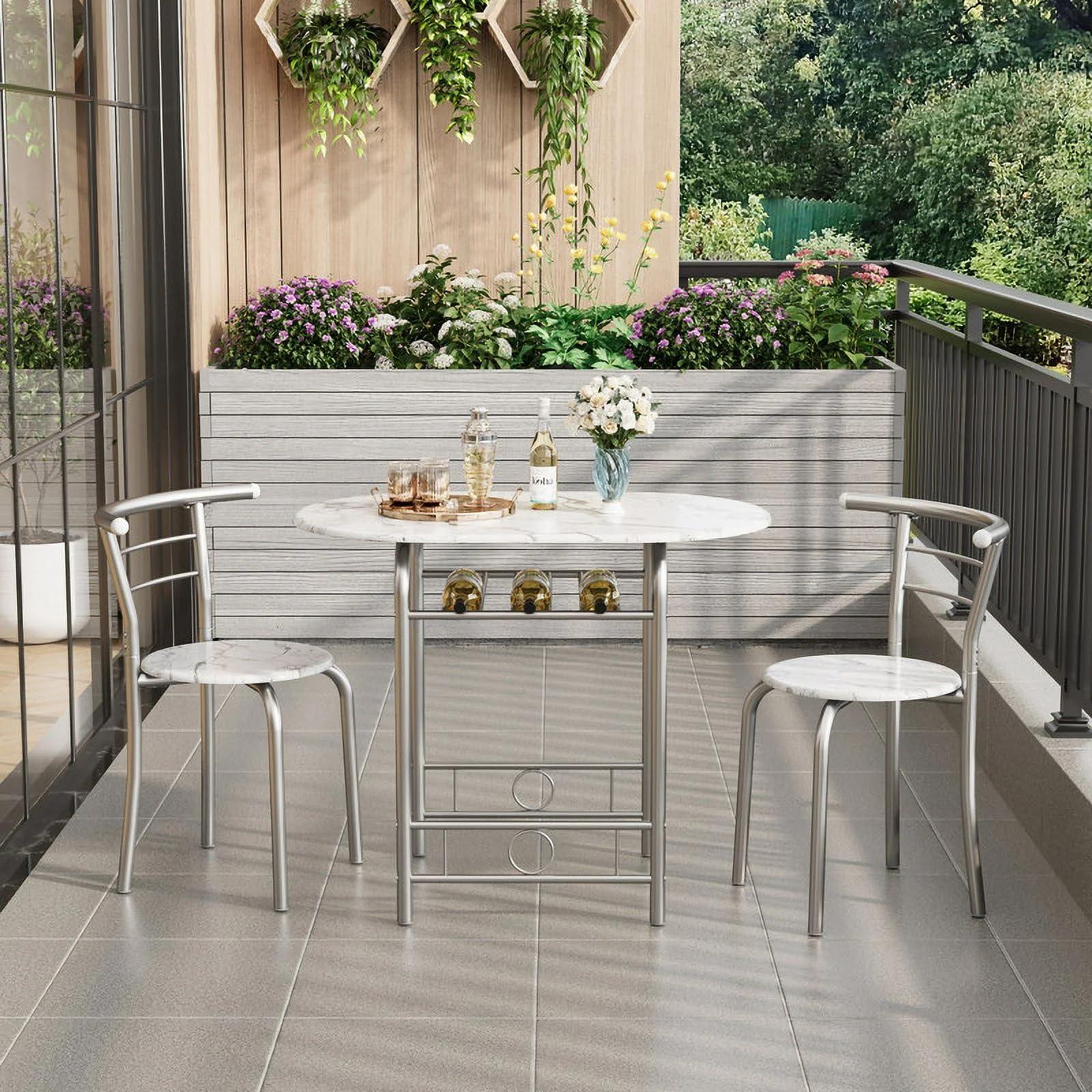 Shahoo 3-Piece Wooden Dining Table Set, Kitchen Breakfast Nook Sets with 2 Chairs & Round Tabletop, Space Saving Furniture Metal Frame and Built-in Wine Rack, Marble White - Image 4