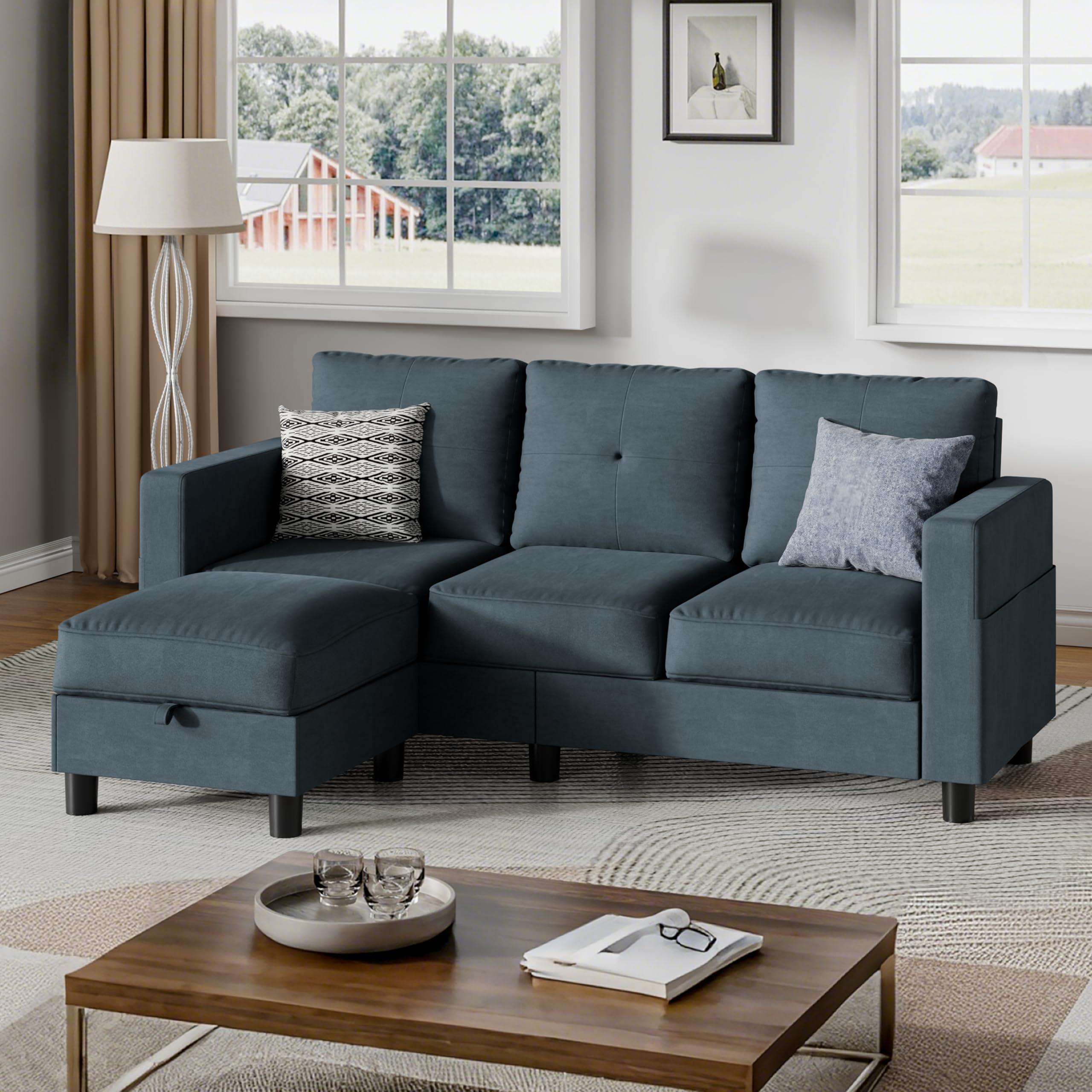Shintenchi Small Sectional Couch with Ottoman, 3 Seat L Shaped Sofa, Fabric Upholstered Convertible Sofa Couches, Small Couch for Apartments, Living Room and Office(Dark Grey)