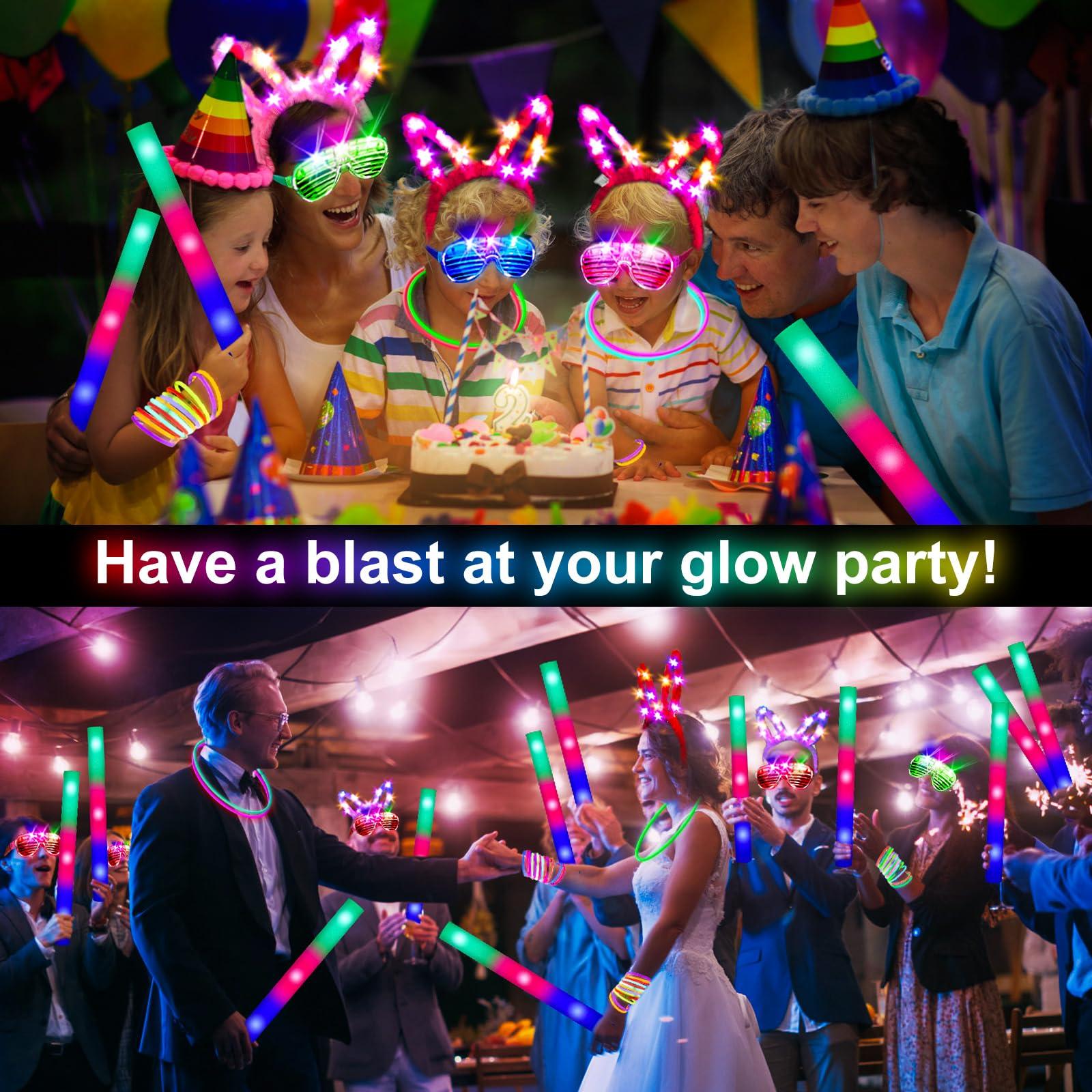SHQDD 236 PCS Glow in the Dark Party Supplies, Halloween Party Favors, 12PCS 16" Foam Glow Sticks, 12PCS LED Glasses, 12PCS Bunny Ear Headband and 100PCS Glow Sticks for Neon Party for Kids or Adults - Image 3