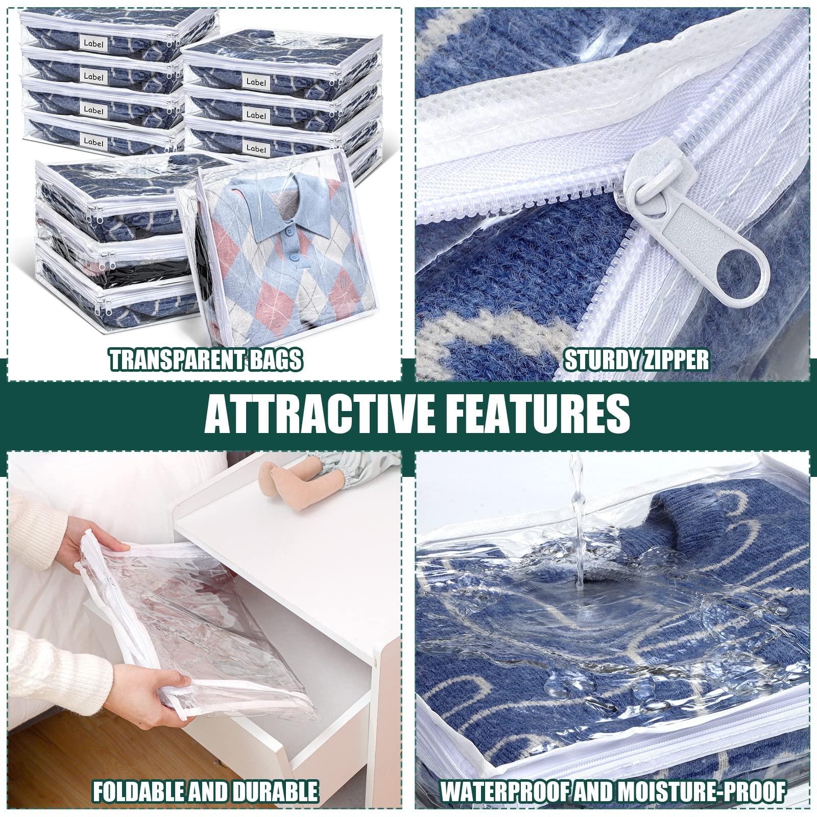 Hoolerry 12 Pcs Clear Zippered Storage Bags Pvc Sweater Sheet Organizer Plastic Sheet Storage Sweater Bags With Zipper And Label Pocket Container For Clothes Closet Linen Pillow (14 x 12 x 3 Inch) - Image 4
