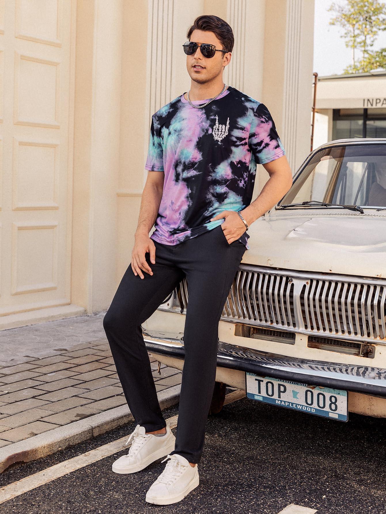 Hardaddy Men's Casual Tie Dye T-Shirts Short Sleeve Round Neck Graphic Tee Rock Band Tee Shirts - Image 2