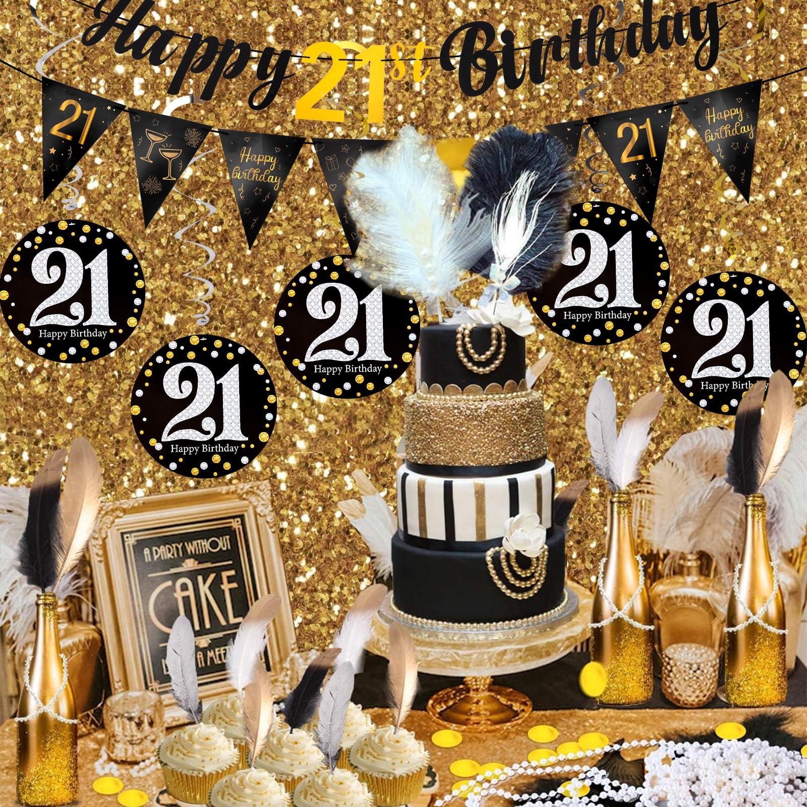 Hapdoo 21st Birthday Decorations Set - 21st Birthday Decorations Men Happy 21 Banner Triangle Flag Hanging Swirls Streamers for Women Men Party Supplies, Black and Gold - Image 5
