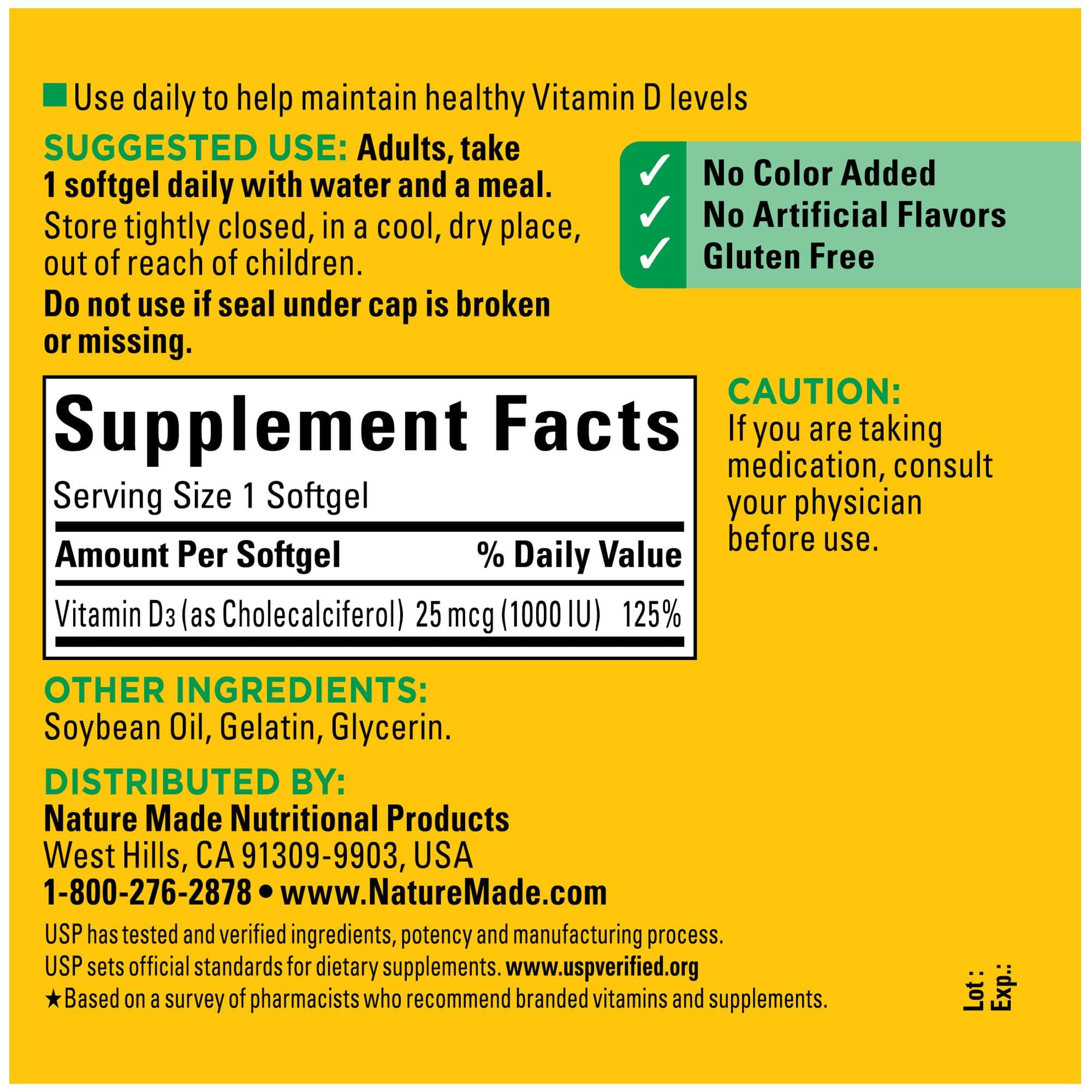 Nature Made Vitamin D3 1000 IU (25 mcg), Dietary Supplement for Bone, Teeth, Muscle and Immune Health Support, 300 Softgels, 300 Day Supply - Image 5
