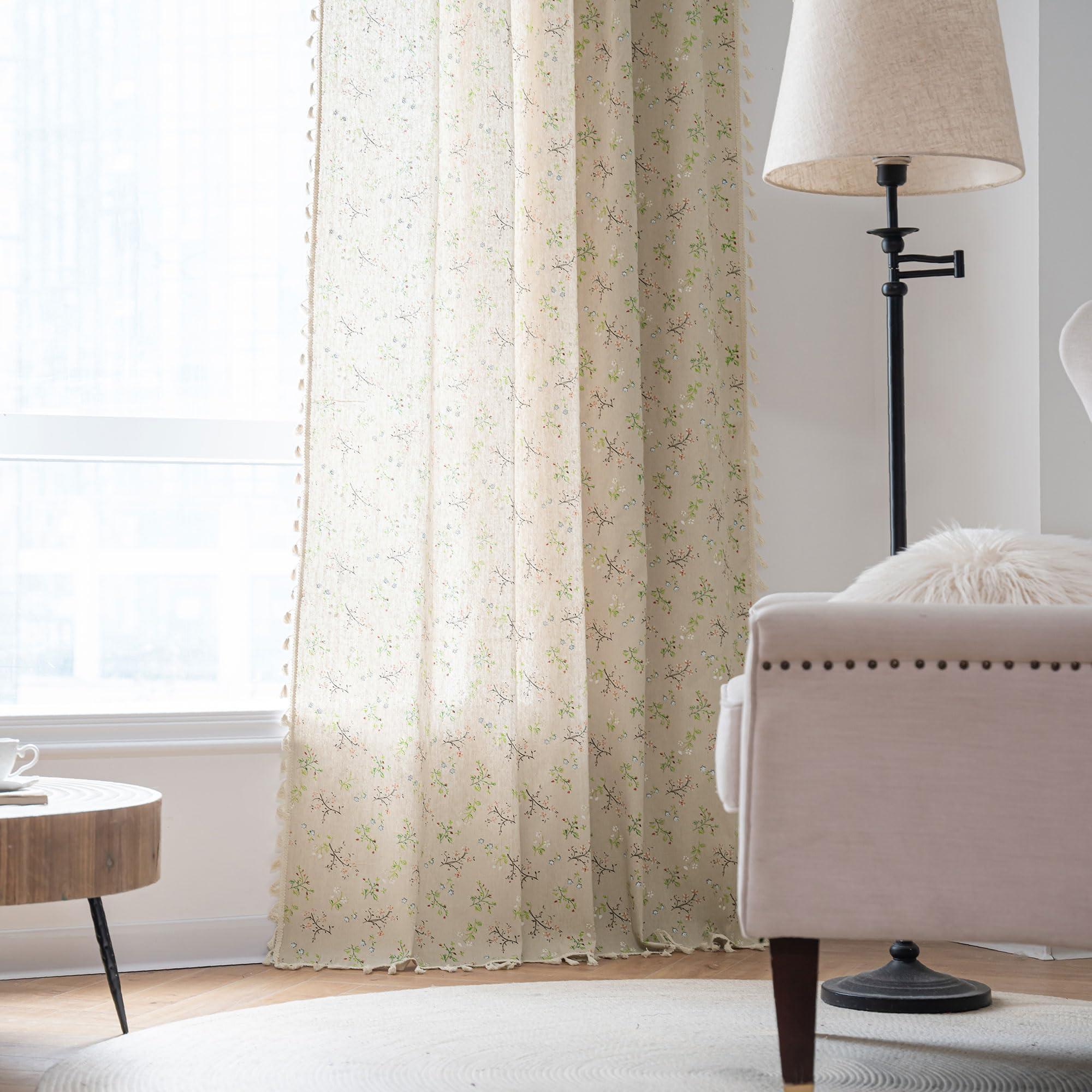 ENJOYBRIDAL Floral Bedroom Curtains 84 Inch Length 2 Panels Set Farmhouse Semi Sheer Living Room Drapes Cotton Linen Blend Bohemian Window Curtain Panels with Tassel Beige Rod Pocket Drapes - Image 8