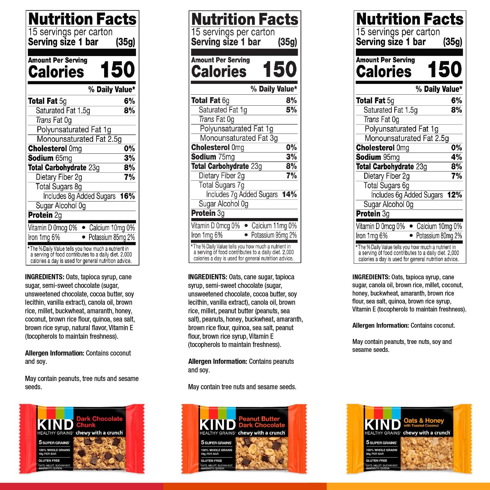 KIND Healthy Grains Bars, Variety Pack, Dark Chocolate Chunk, Oats & Honey, Peanut ButterDark Chocolate Snacks, Gluten Free, 1.2 OZ, 45 Count - Image 3