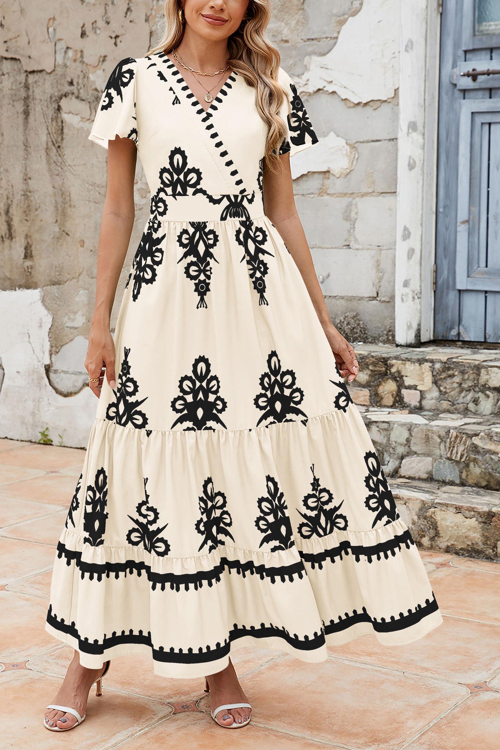 PRETTYGARDEN Womens 2025 Summer Casual V Neck Boho Maxi Dress Flowy Aline Bell Sleeve Tiered Floral Dresses with Pocket - Image 4