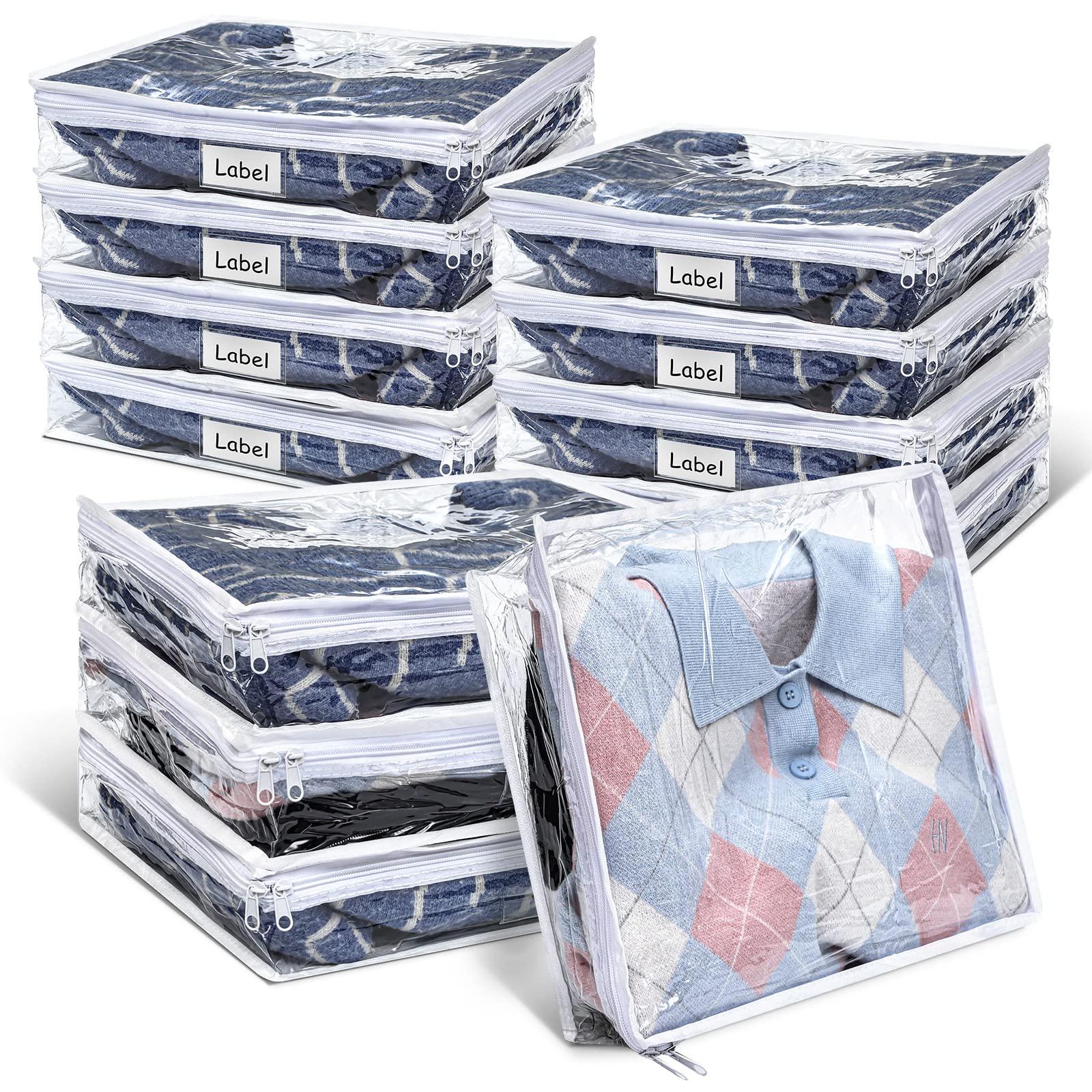 Hoolerry 12 Pcs Clear Zippered Storage Bags Pvc Sweater Sheet Organizer Plastic Sheet Storage Sweater Bags With Zipper And Label Pocket Container For Clothes Closet Linen Pillow (14 x 12 x 3 Inch)