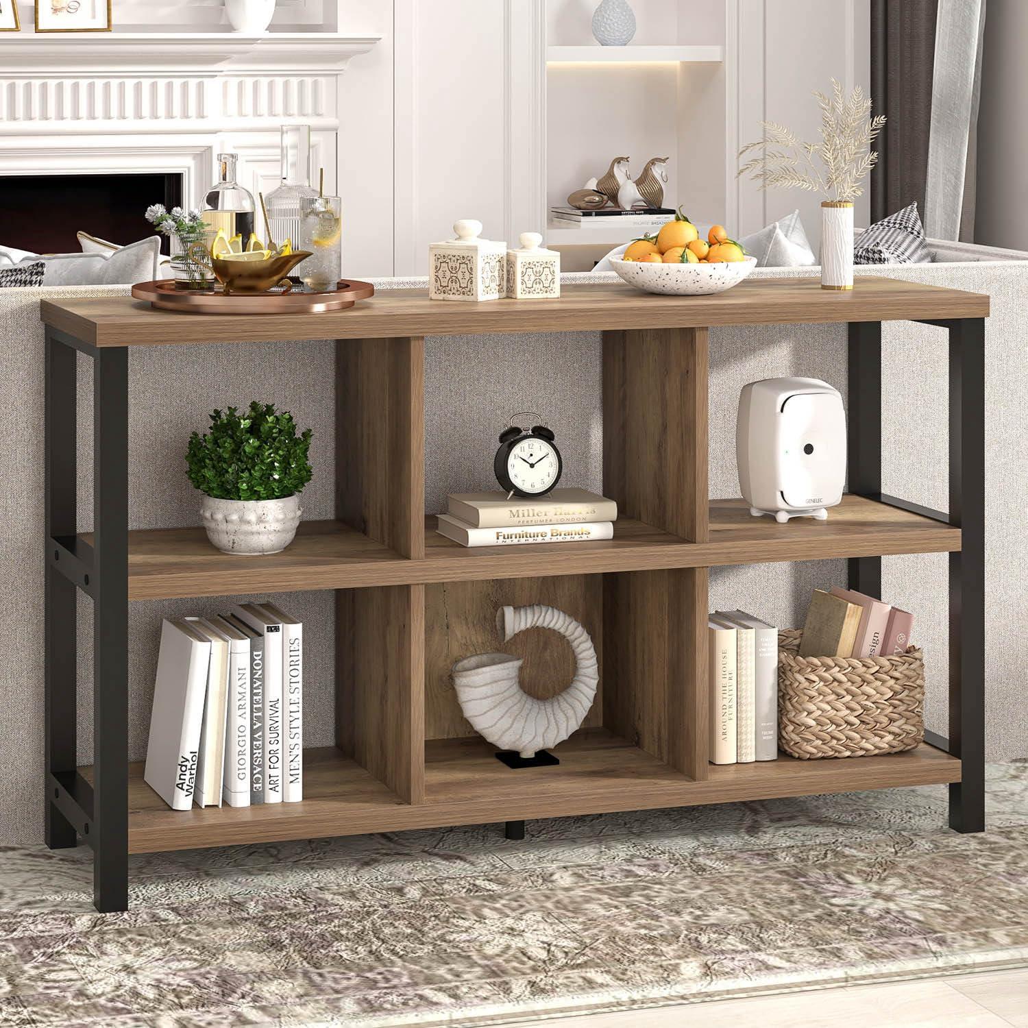 FOLUBAN 6 Cube Storage Organizer with Shelf, Industrial Horizontal Bookshelf, Low Cubby Bookcase for Living Room Bedroom, 47 Inch Oak - Image 5