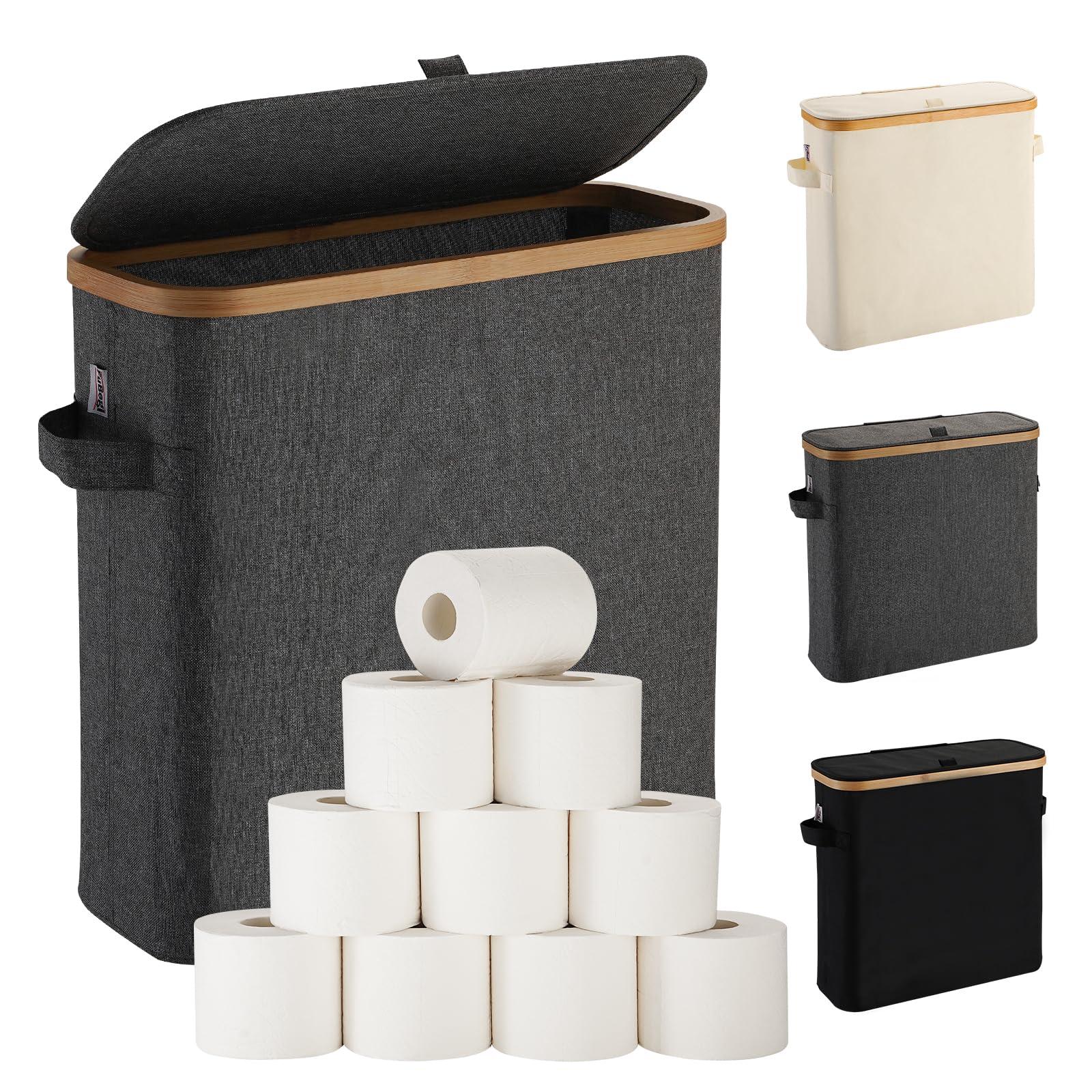 Toilet Paper Storage Basket with Lid for Mega Rolls, Large Bamboo Toilet Paper Organizer Storage Holder Stand for Bathroom, Enclosed Tissue Storage Bin Box Container Free Standing, Gray