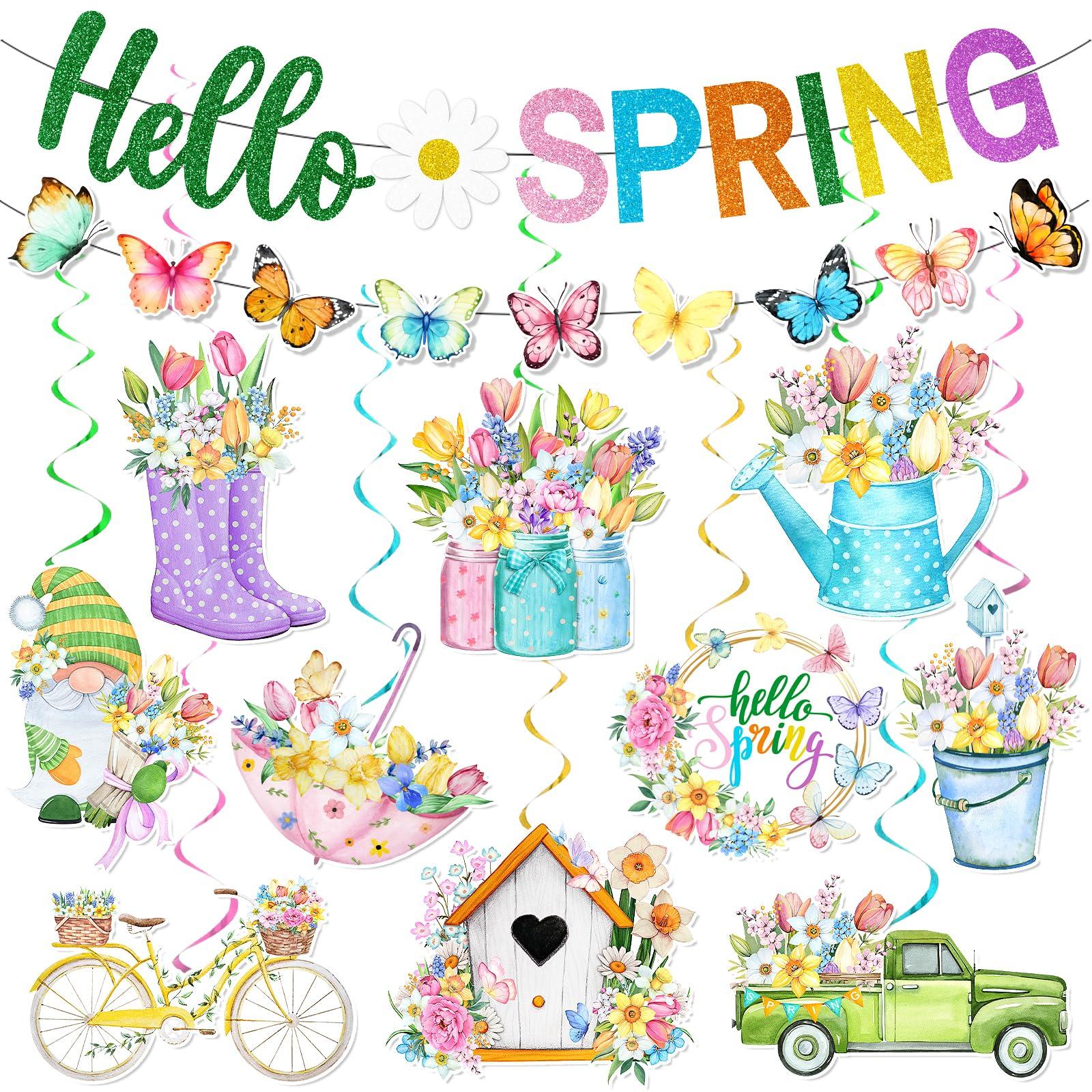 Spring Decorations Banner,Spring Party Decorations Includes Hello Spring Banner and Butterfly Spring Hanging Swirls, Spring Decorations for Office Home Classroom