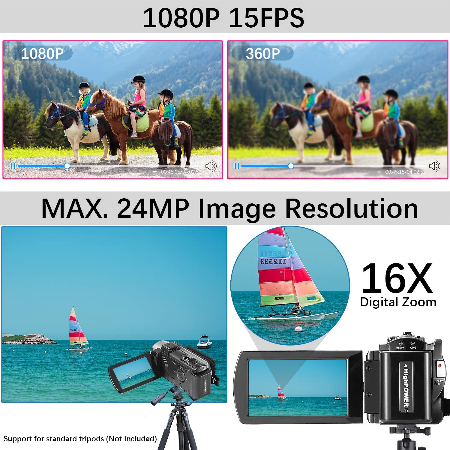 kimire Video Camera Camcorder Digital Camera Recorder Full HD 1080P 15FPS 24MP 3.0 Inch 270 Degree Rotation LCD 16X Digital Zoom Camcorder Camera with 2 Batteries(Black) - Image 3