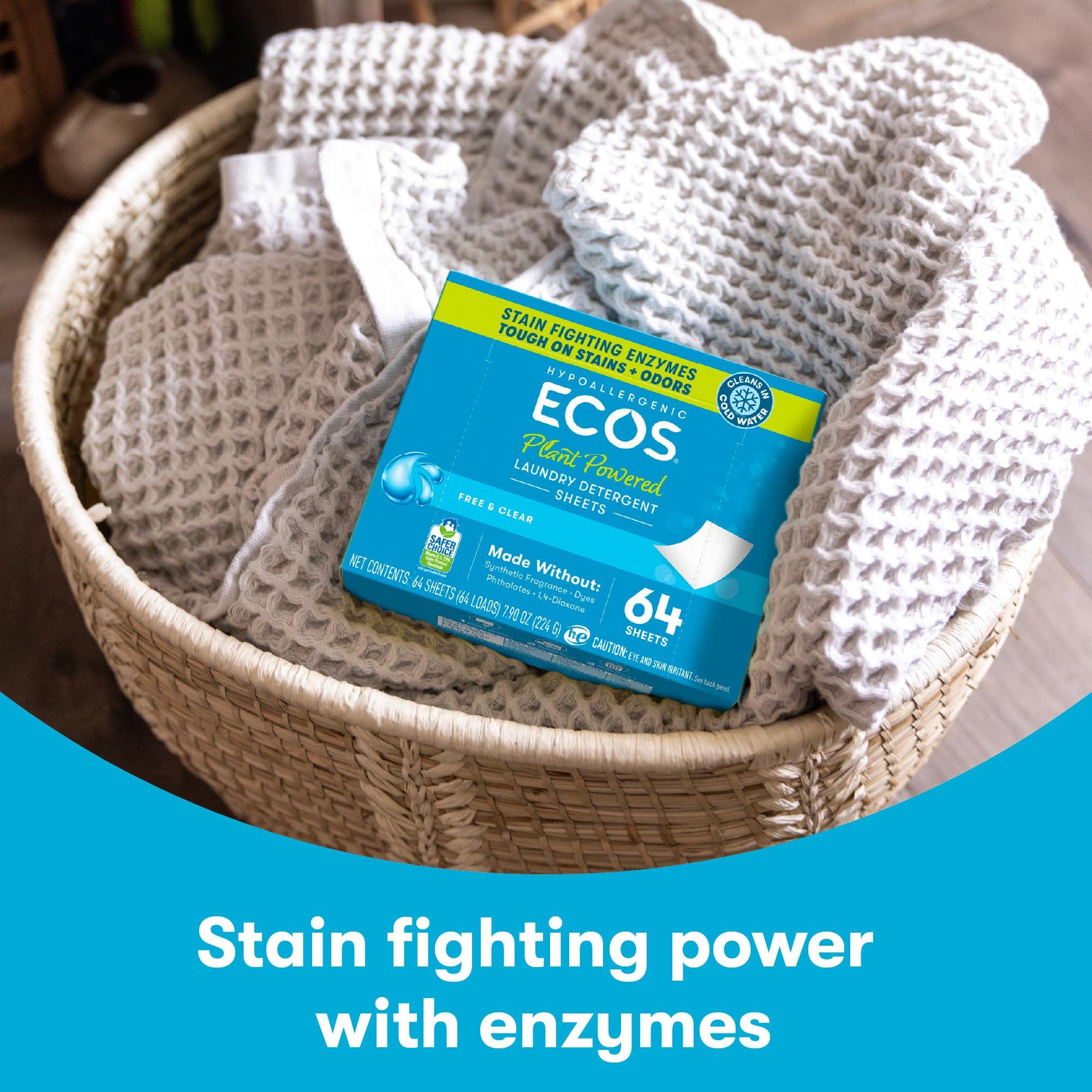 ECOS Laundry Detergent Sheets Vegan, No Plastic Jug, No Mess & Liquid Free - Laundry Sheets in Washer - Hypoallergenic, Plant Powered Laundry Detergent Sheets - Free and Clear - 64 Sheets (Pack of 1) - Image 4
