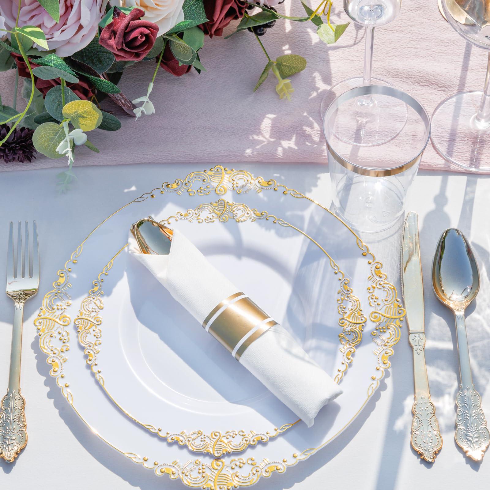Nervure 350PCS Gold Plastic Plates - Gold Plastic Dinnerware Sets for 50 Guests - 100 Disposable Plates, 150 Silverware, 50 Cups, 50 Napkins for Wedding & Party & Independence - Image 2