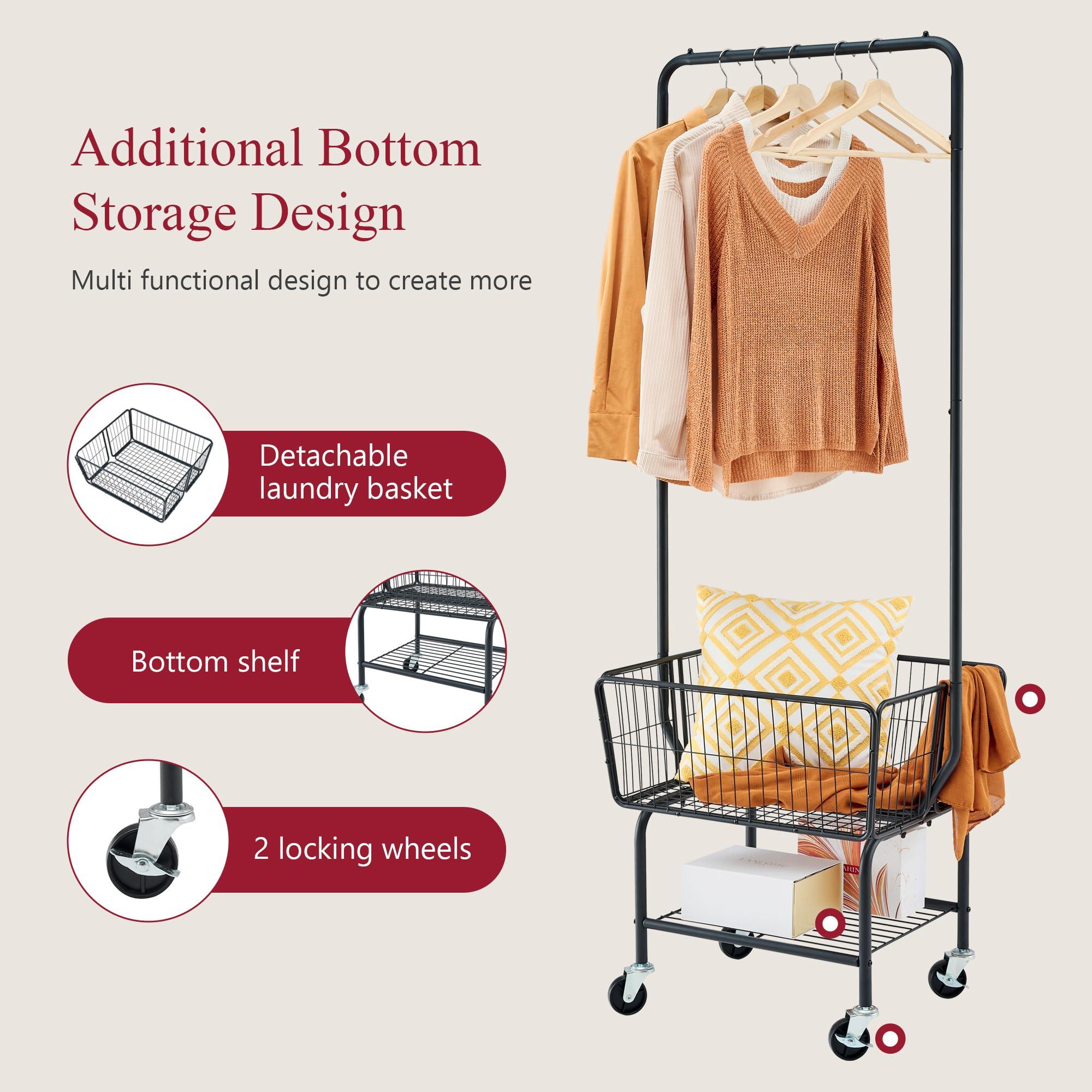 Tajsoon Laundry Cart with Hanging Rack, Metal Laundry Basket with Wheels, Laundry Hamper with Storage Basket and Shelf, Rolling Laundry Cart with Wheels, Black - Image 5