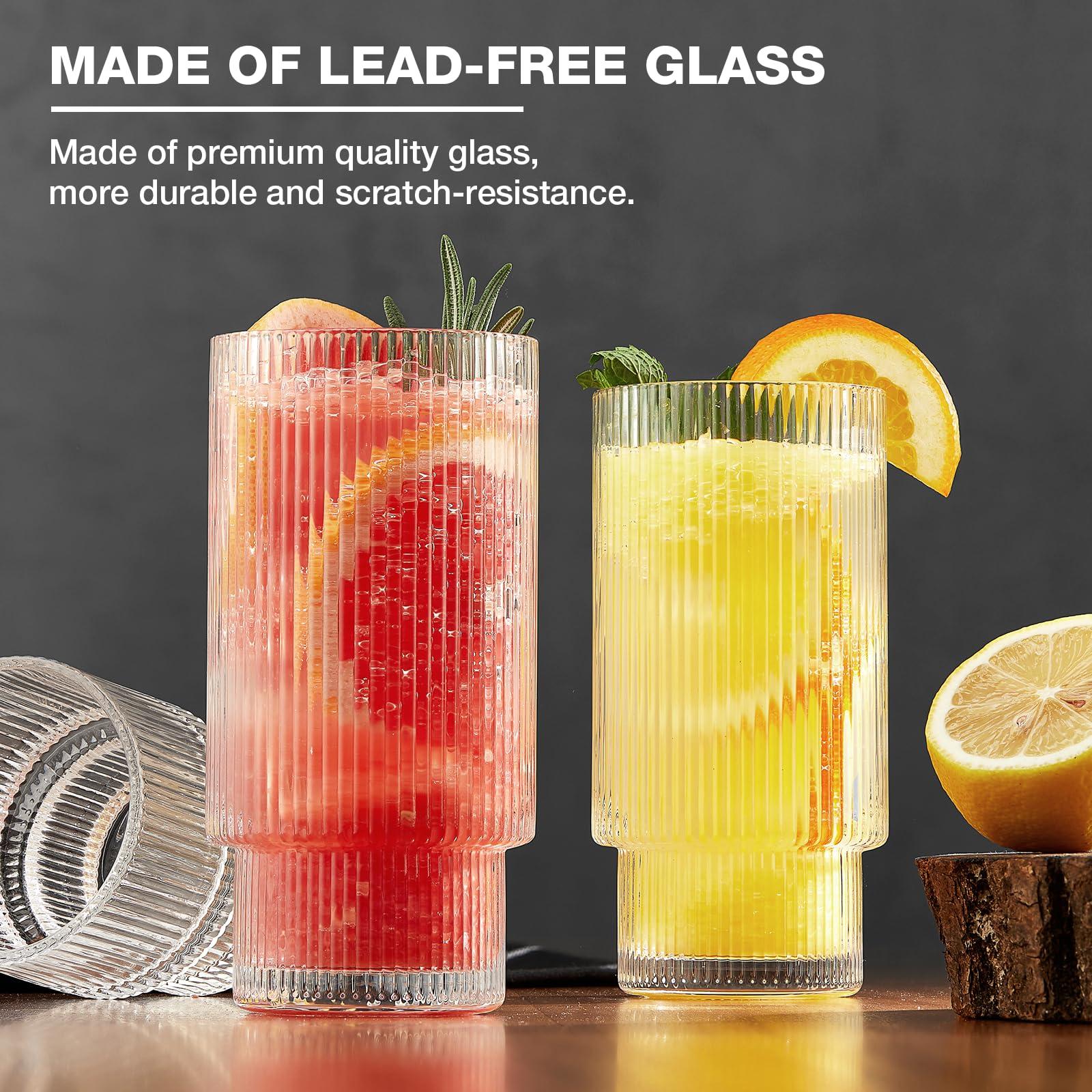 Qipecedm 6 Pack Ribbed Drinking Glasses, 16 oz Vintage Glass Cups, Highball Glasses, Premium Iced Coffee Glasses, Clear Glass Tumbler, Cocktail Glasses, Elegant Glassware for Water Juice Whiskey Beer - Image 5