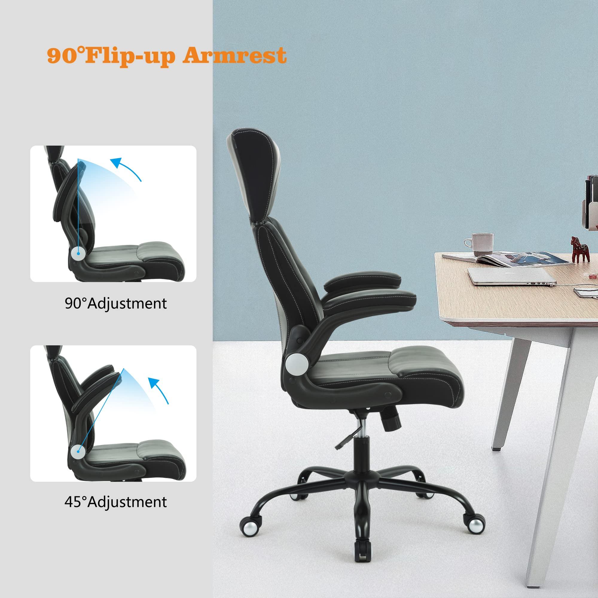 Ergonomic Office Chair, Home Desk Mesh Chair, High Back Leather Computer Chairs, Executive Chairs with Flip-Up Arm & Lumbar Support, Height Adjustable Rolling Swivel Chair (Black) - Image 3