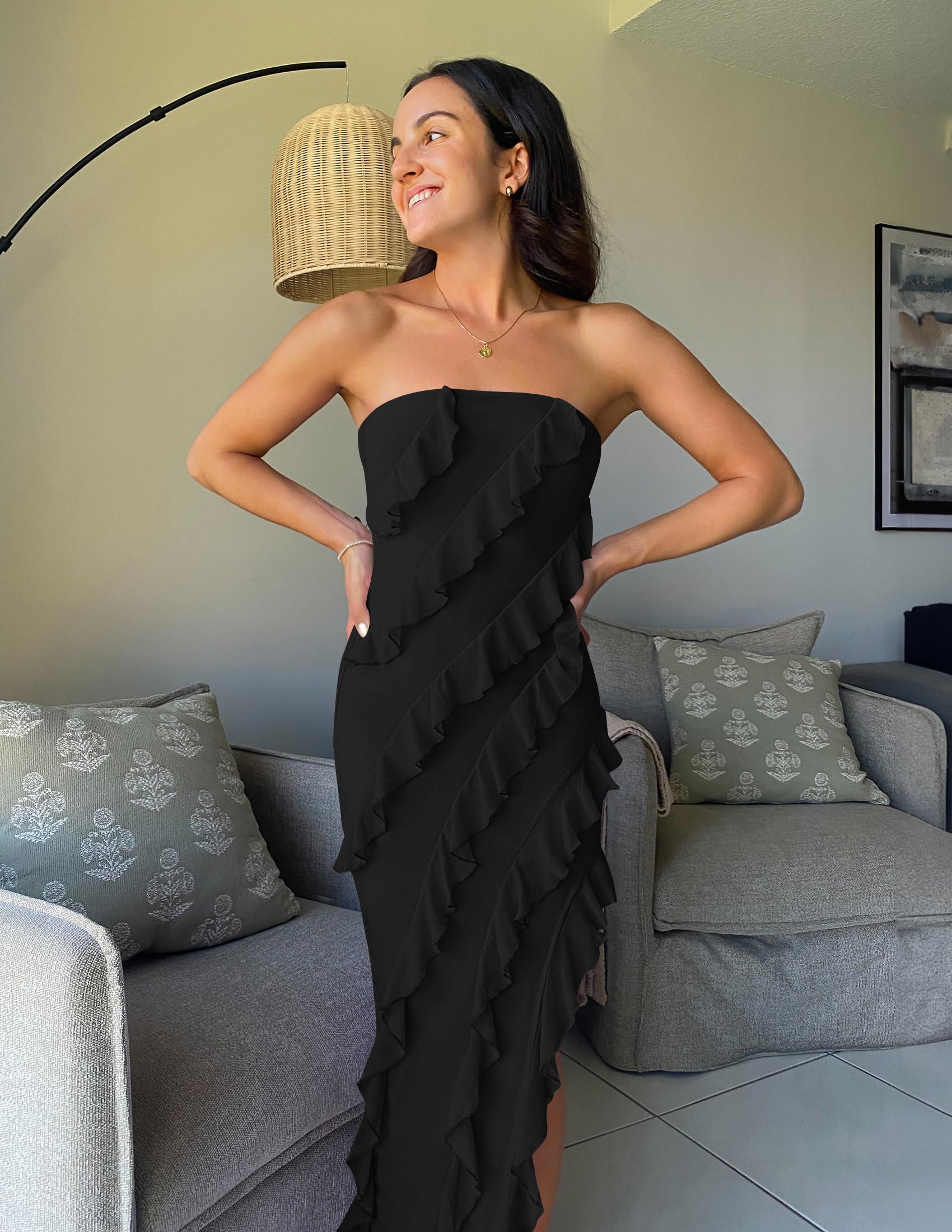 ZESICA Women's 2025 Strapless Bodycon Dress Sexy Off Shoulder Mesh Tassel Ruffle Side Split Tube Party Maxi Dresses - Image 7