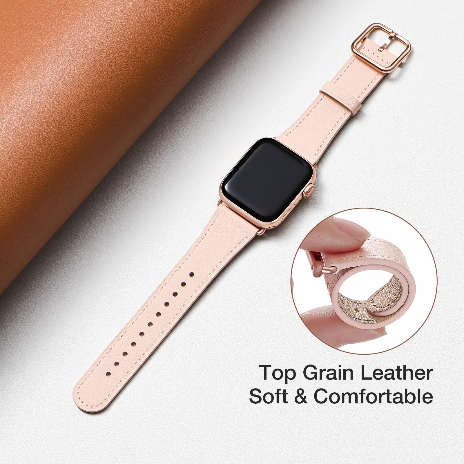 MNBVCXZ Compatible with Apple Watch Band 38mm 40mm 41mm 42mm 44mm 45mm 46mm 49mm Women Men Genuine Leather Replacement Strap for iWatch Series 10 9 8 7 6 5 4 3 2 1 SE Ultra (Pink Sand/Rose Gold) - Image 2