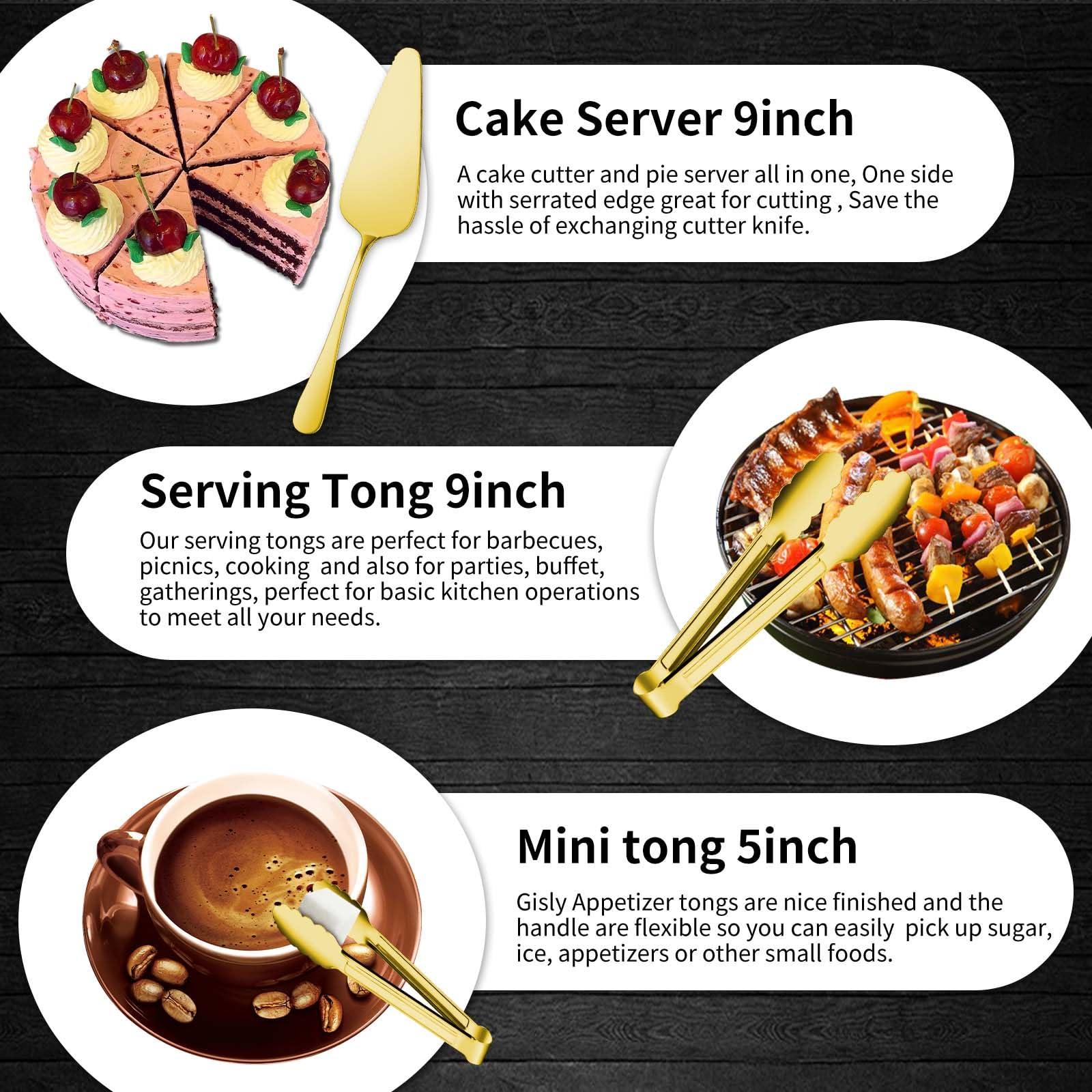 Gisly Gold 12 Pieces Serving Utensils Include Large Serving Spoons,Slotted Serving Spoons,Serving Forks,Serving Tongs,Appetizers Tongs,Soup Ladle and Pie Cake Server for Buffet Catering - Image 6