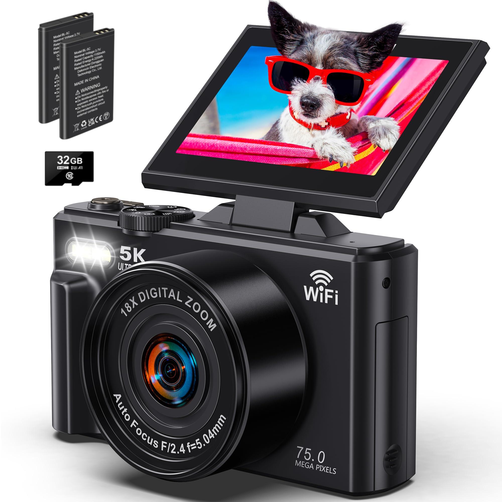 5K Digital Camera for Photography - WiFi 75MP Vlogging Cameras for YouTube - UHD Autofocus Video Camera 3" 180° Flip Screen with 18X Zoom - Compact Vlog Travel Camara with 32GB SD Card, 2 Batteries
