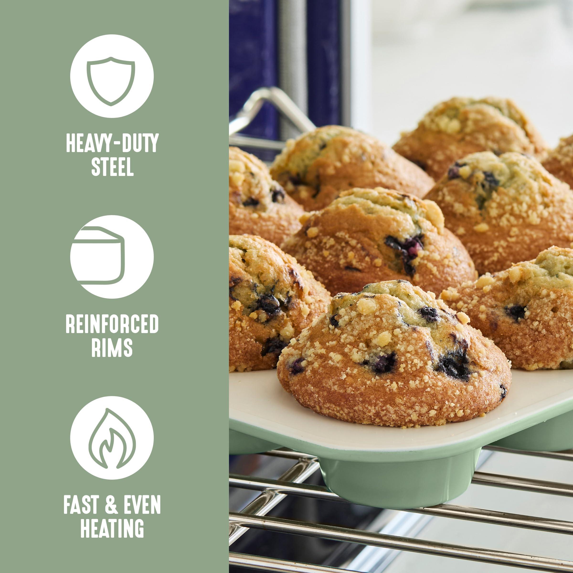 GreenLife 12-Cup Muffin Pan, Healthy Ceramic Nonstick Bakeware, PFOA & PFAS-Free Cupcake Tray, Durable Baking Pan, Versatile Kitchen Essential, Easy Clean Muffin Mold, Nonstick Baking Sheet, Sage - Image 4