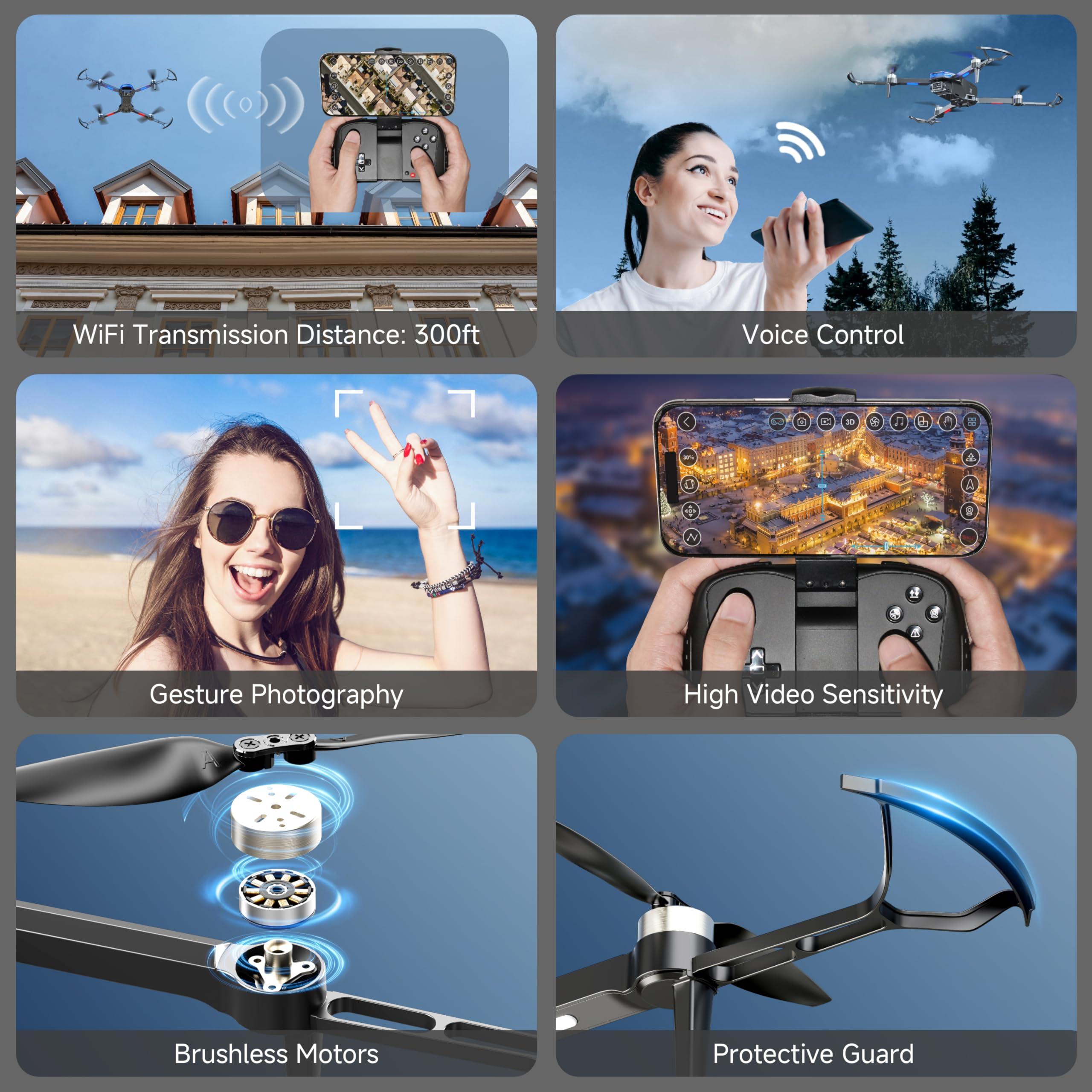PLEGBLE Drones with Camera for Adults 4K Brushless Motor Drone for Kids Beginners, FPV Foldable RC Quadcopter with Propeller Guards, 2 Batteries, 1500mAh, 130° Lens, WiFi, Voice Control, Gesture Photography, Gift Toys for Men Boys - Image 2