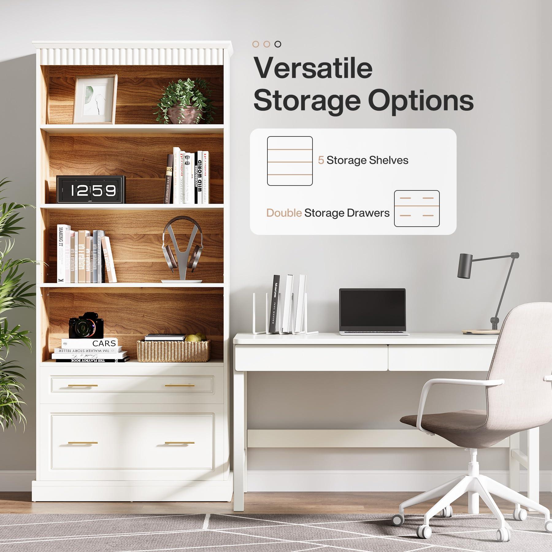 Tribesigns 5-Shelf Bookcase with File Cabinet Drawer, 72" Tall Bookshelf, Modern Free-Standing Wood Bookcase, Large Open Display Storage Book Shelf for Living Room (2, White) - Image 7