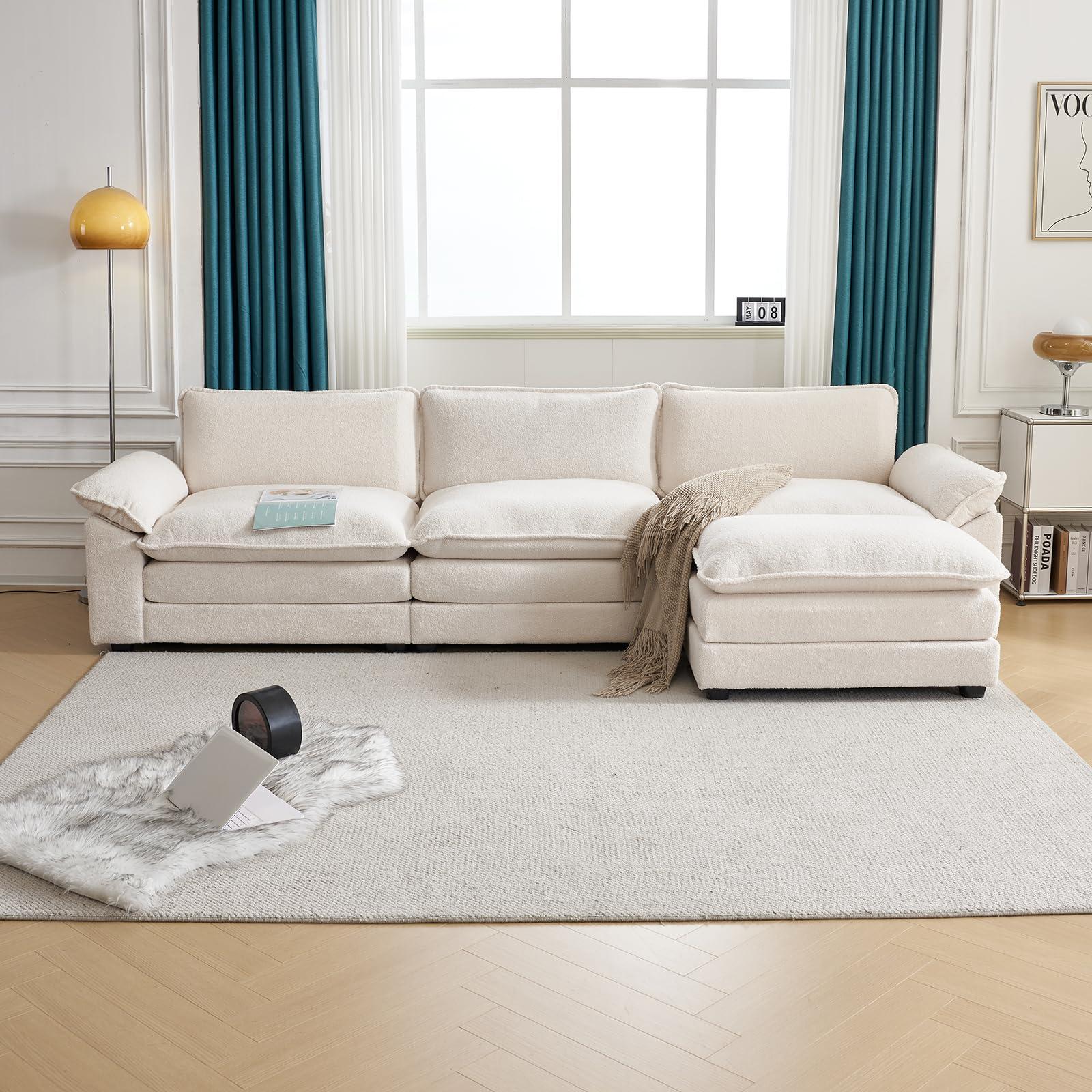 Karl home Sectional Sofa Modular Deep Seat Sofa Couch with Ottoman, Teddy Fleece Sofa Sleeper Comfy Upholstered Furniture for Living Room, Apartment, Studio, Office, (3-Seat & 1-Ottoman, Teddy Beige) - Image 4