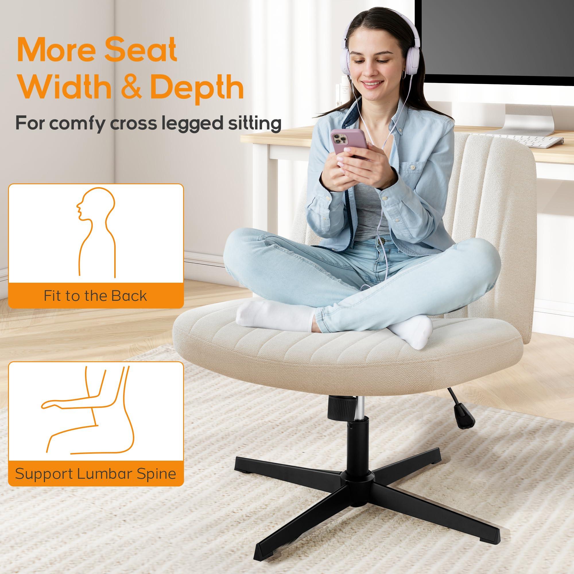 DUMOS Criss Cross Chair Legged Office Wide Comfy Desk Seat, No Wheels Armless Computer Task Seating, Swivel Vanity Home Height Adjustable - Image 3