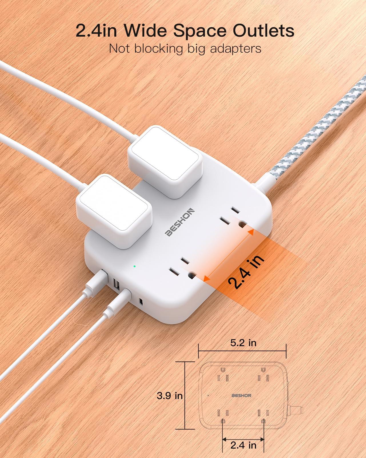 10FT Surge Protector Power Strip, Flat Extension Cord with 2 USB C, Flat Plug Power Strip, 4 Widely Outlets and 4 USB Charging Ports, Outlet Extender, 900 Joules, for Home Office Dorm Room Essentials - Image 4