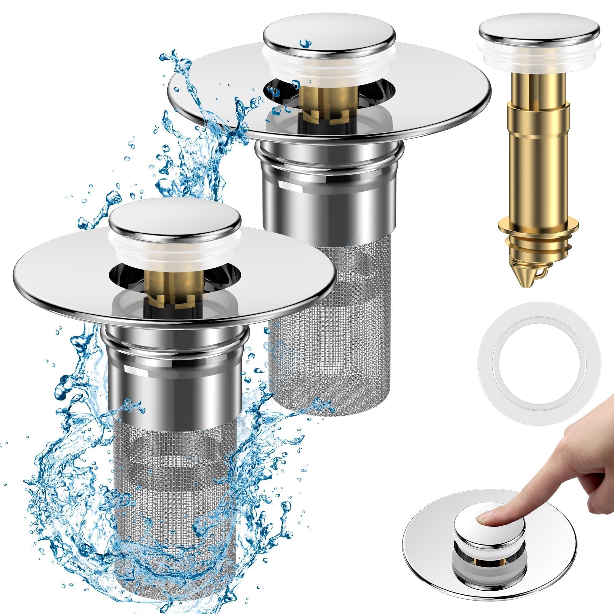 2Pcs Bathroom Sink Drain Strainer, Pop Up Sink Drain Strainer Stopper with Stainless Steel Filter Basket Hair Catcher, for Bathroom and Kitchen Basins, Sink Drain Strainer for 1.1-1.45 Inch