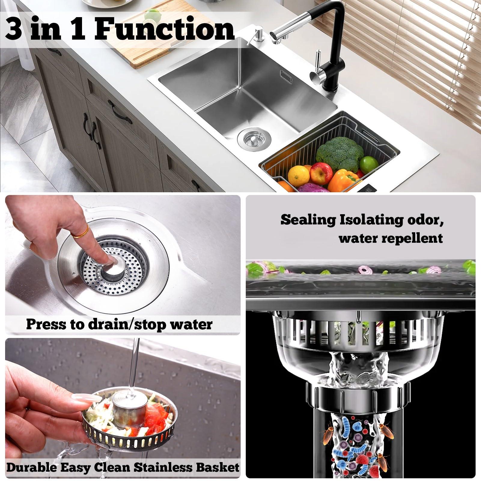 Upgraded 3 in 1 Kitchen Sink Drain Strainer Stopper, Brushed Stainless Steel SUS 304 Pop Up Sink Drain Stopper for Standard 3-1/2 Inch Drain Anti-Clogging Odor Prevention - Image 3