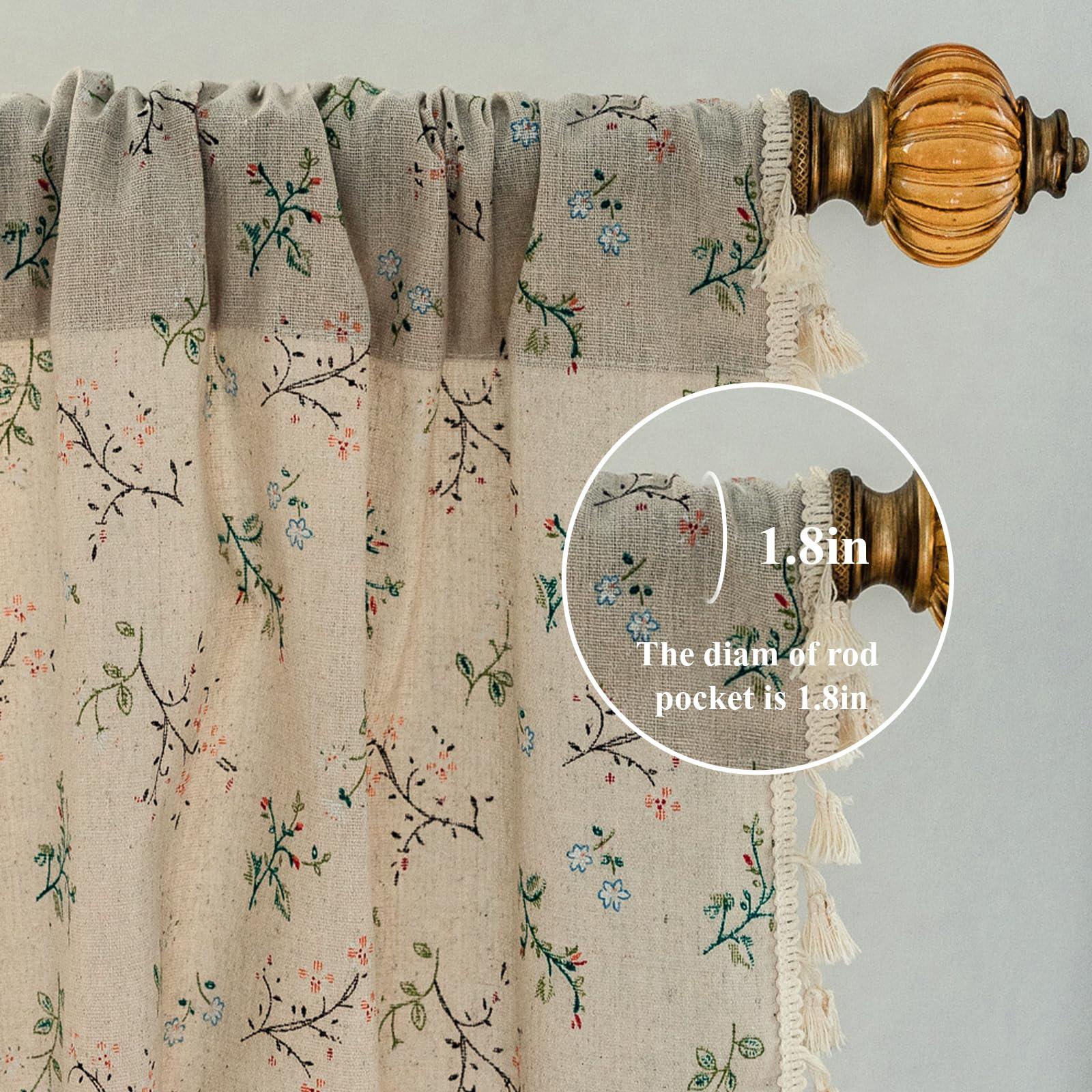 ENJOYBRIDAL Floral Bedroom Curtains 84 Inch Length 2 Panels Set Farmhouse Semi Sheer Living Room Drapes Cotton Linen Blend Bohemian Window Curtain Panels with Tassel Beige Rod Pocket Drapes - Image 4