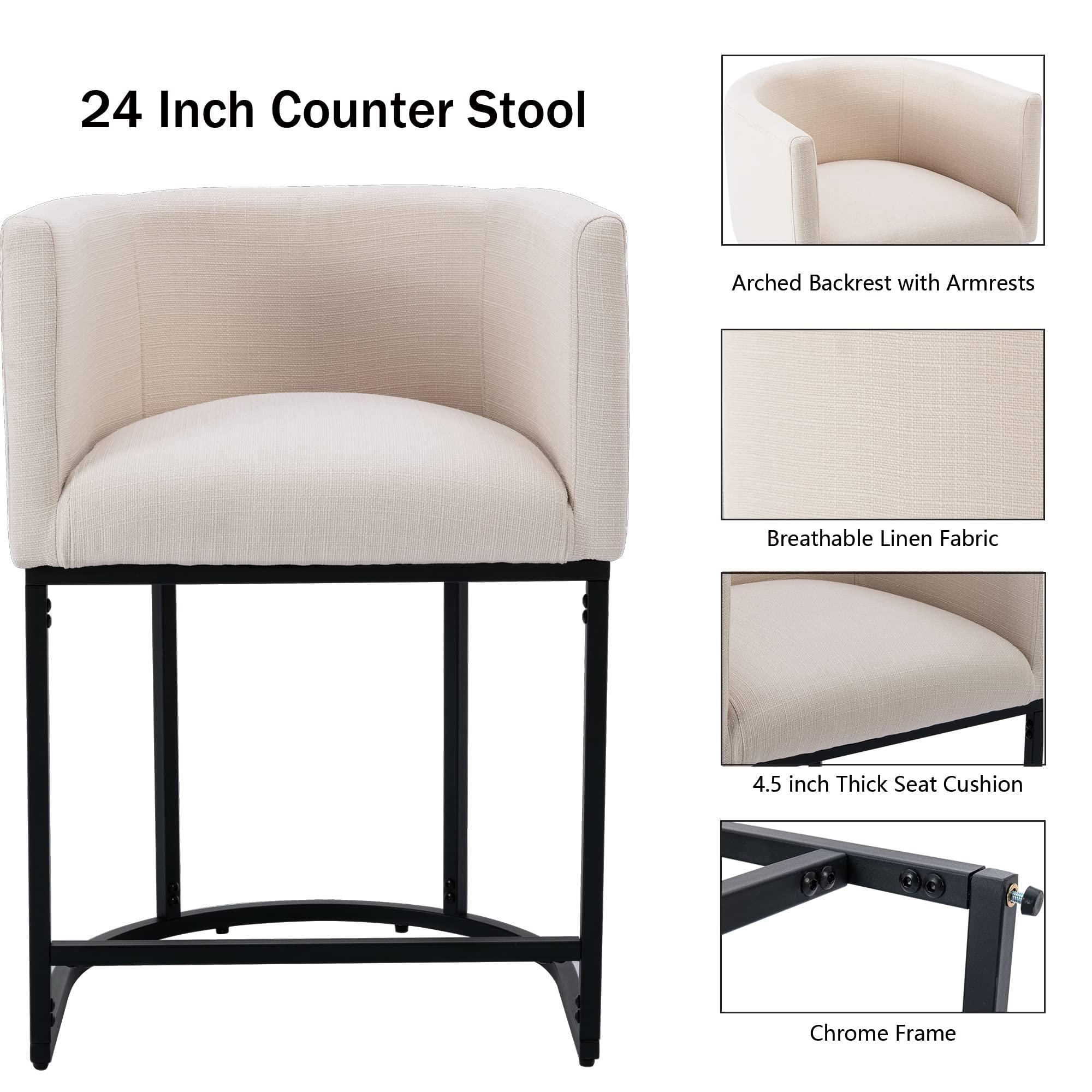 RIVOVA Contemporary Cream Linen Bar Stools Set of 3, 24" Upholstered Fabric Counter Height Barstools Kitchen Counter Island Stools with Screwed Together Black Metal Base - Image 4