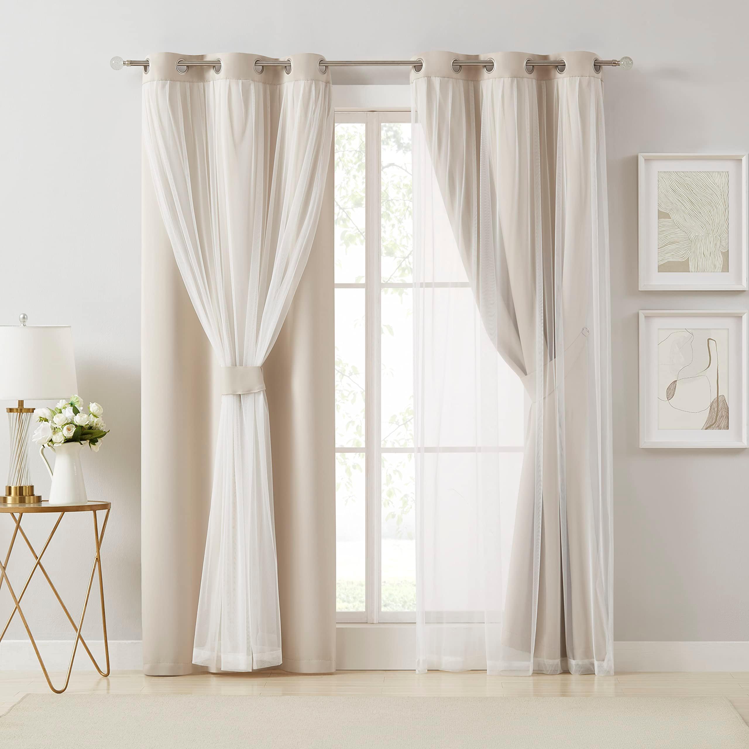 Bujasso Beige 90% Blackout Curtains with Sheer Overlay Mix and Match Double Layer Thermal Insulated Window Panels 84 inch for Living Room Bedroom Beige Drapes with Tiebacks Grommet Top 37" Wx84 Lx2 - Image 7